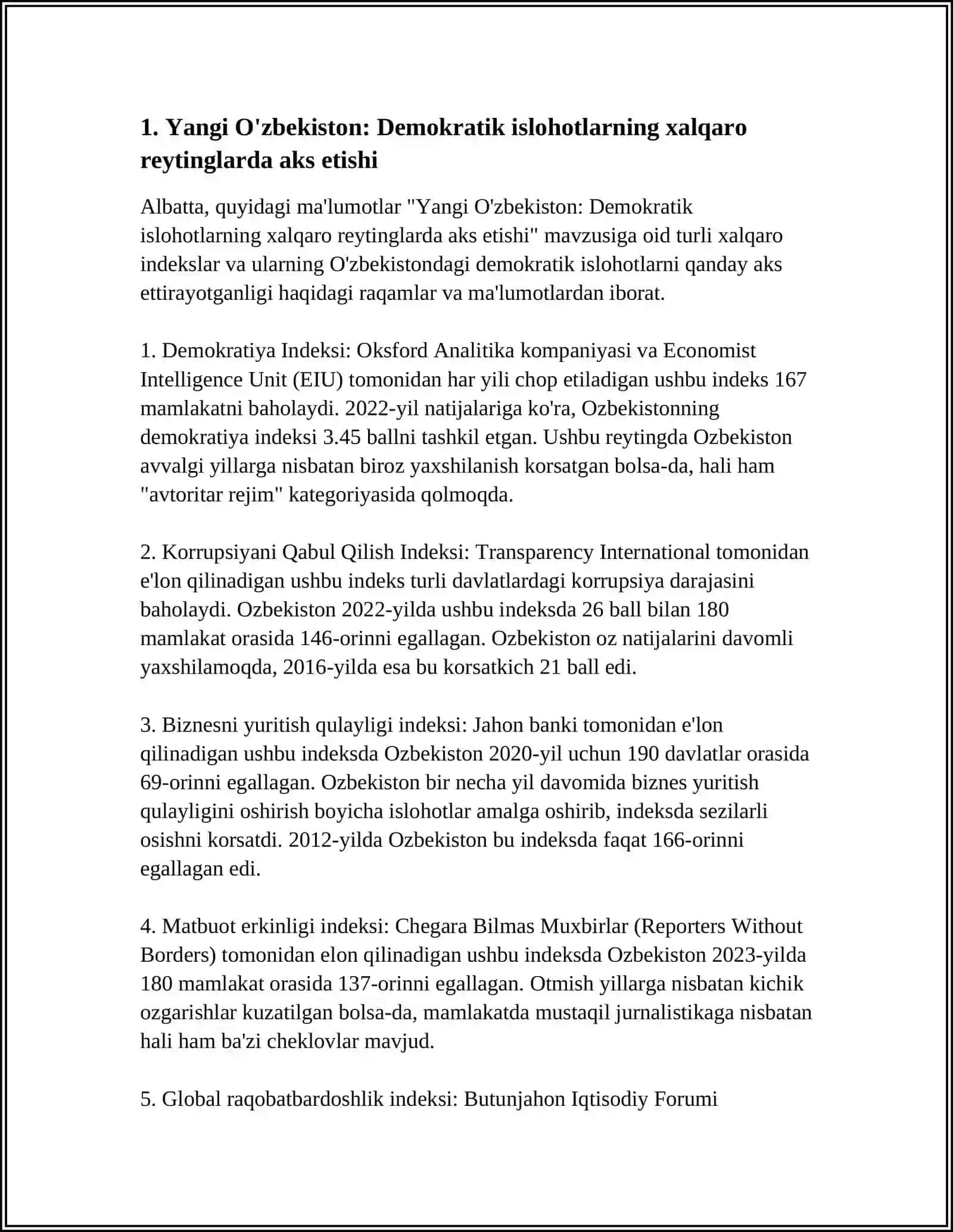 YANGI O'ZBEKISTON IJTIMOIY-SIYOSIY, IQTISODIY VA MADANIY HAYOTIDA RO'Y BERAYOTGAN ○` ZGARISHLARNING XALQARO REYTING VA INDEKSLARDA AKS ETISHI 3