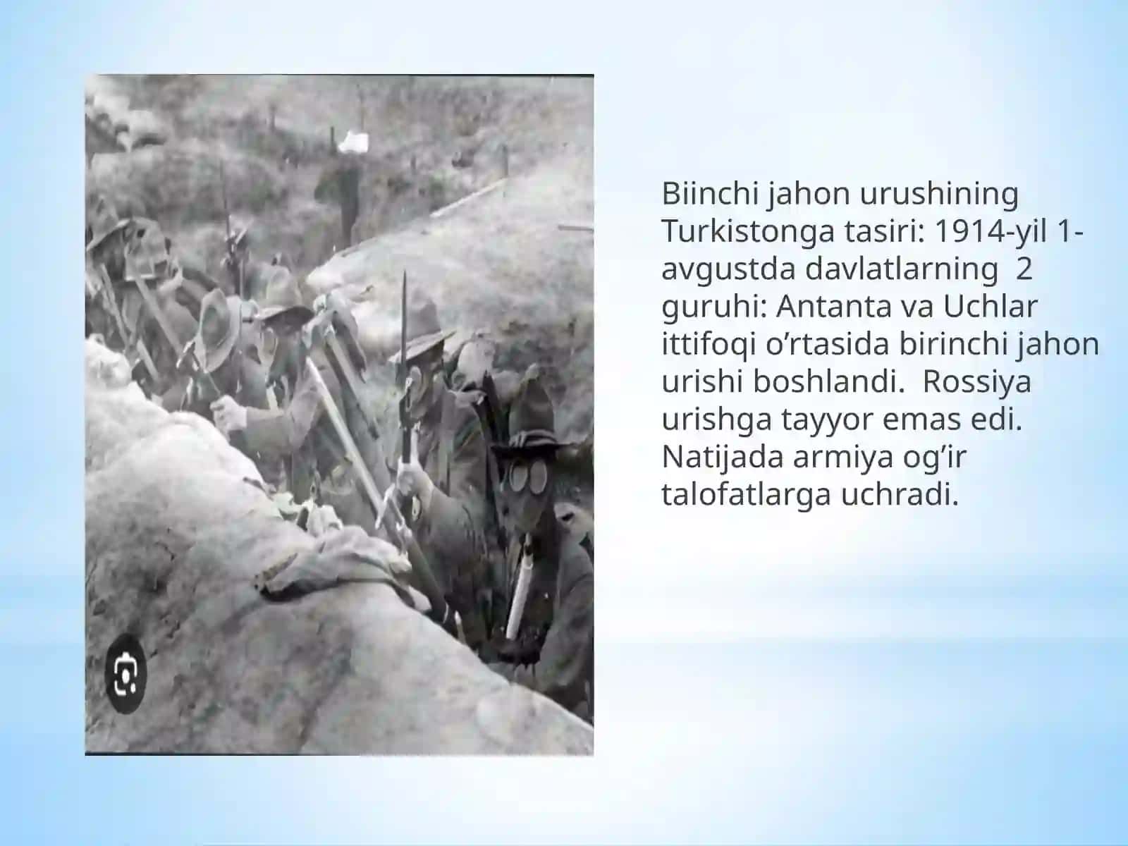 TURKISTON XX ASR BOSHLARIDA (1900-1917YILLAR) BIRINCHI JAHON URUSHINING TURLISTON O’LKASIGA TASIRI. 1916 YIL MILLIY OZODLIK HARAKATI. 3