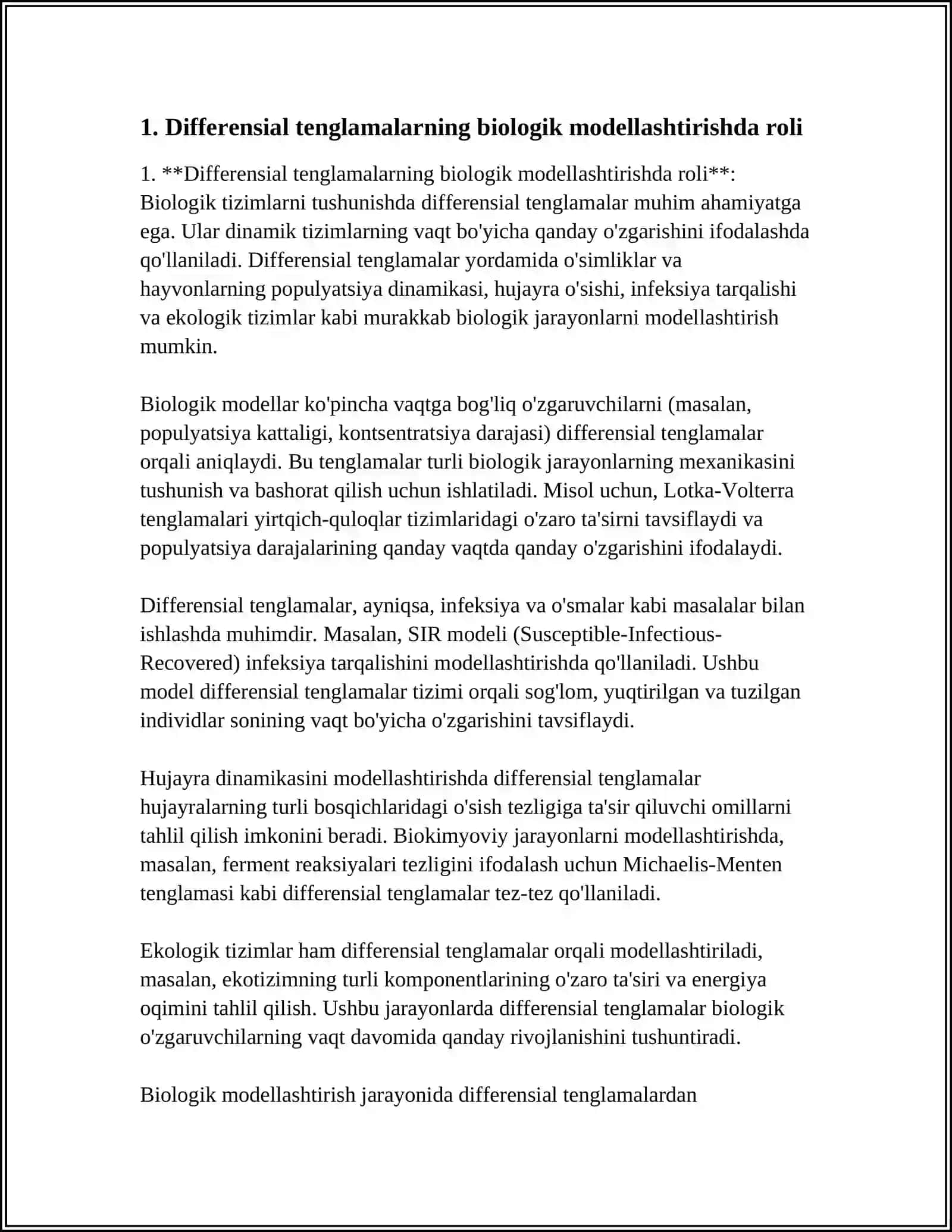 TIBBIY BIOLOGIK MAZMUNIDAGI DIFFERENSIAL TENGLAMALARNI TUZISH VA YECHISH 3