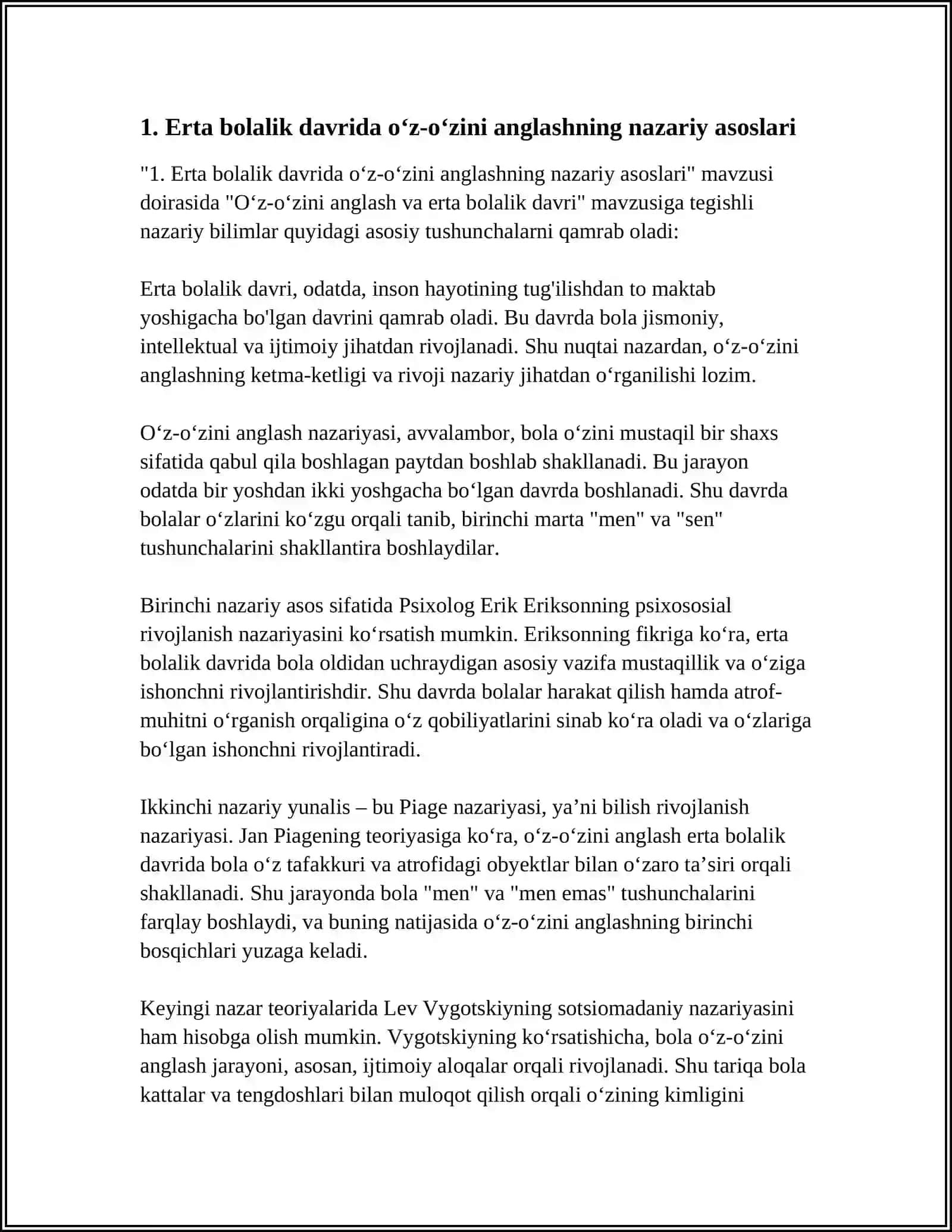 OʻZ-OʻZINI ANGLASH VA ERTA BOLALIK DAVRI 3