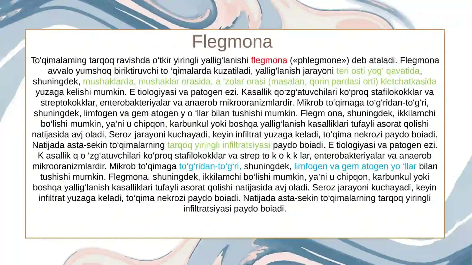 Boʻyin chuqur flegmonalari yiringli mediastinitlar qorin parda orqa boʻshligʻi va toʻgʻri ichak atrofi klechatkali boʻshliq flegmonalari 3