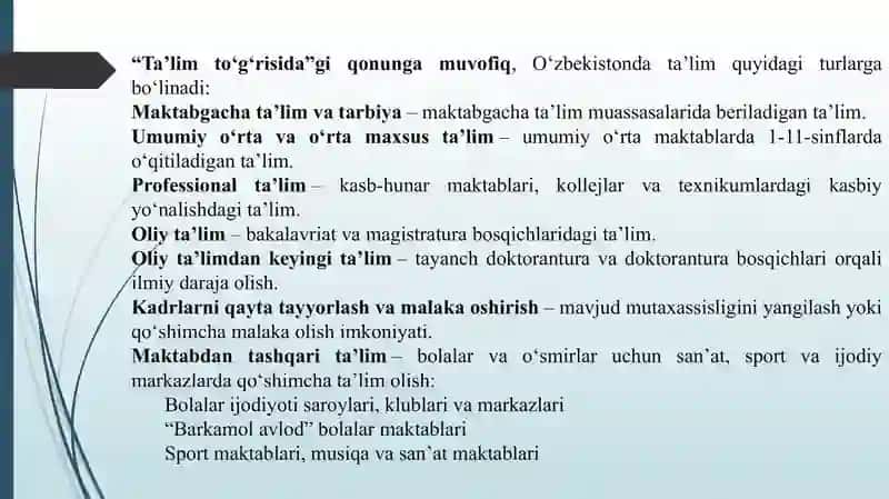 Ta'lim turlari va ta'limni tashkil etish shakllari. Dars  ta’limini tashkil etishning asosiy shakli 3