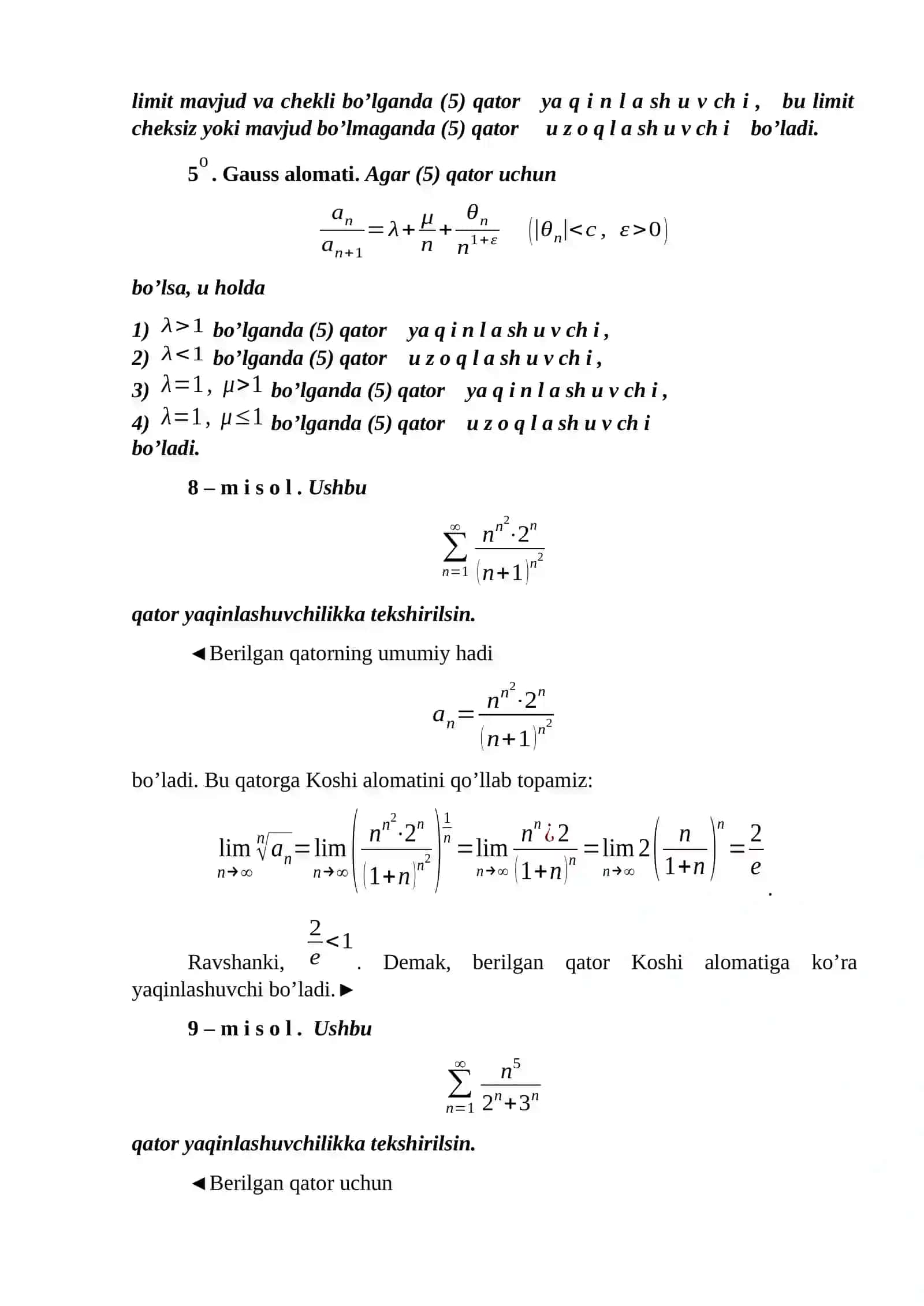 Musbat hadli qatorlarning yaqinlashish alomatlariga doir misollar yechish(Koshining integral alomati, Dalamber, Koshi, Raabe, Gauss alomatlari) 3