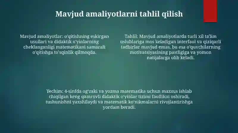 4-Sinfda Matematikadan Oģzaki Va Yozma Hisoblashga Doir Didaktik Òyinlar Tizimini Ishlab Chiqish Metodikasi 3