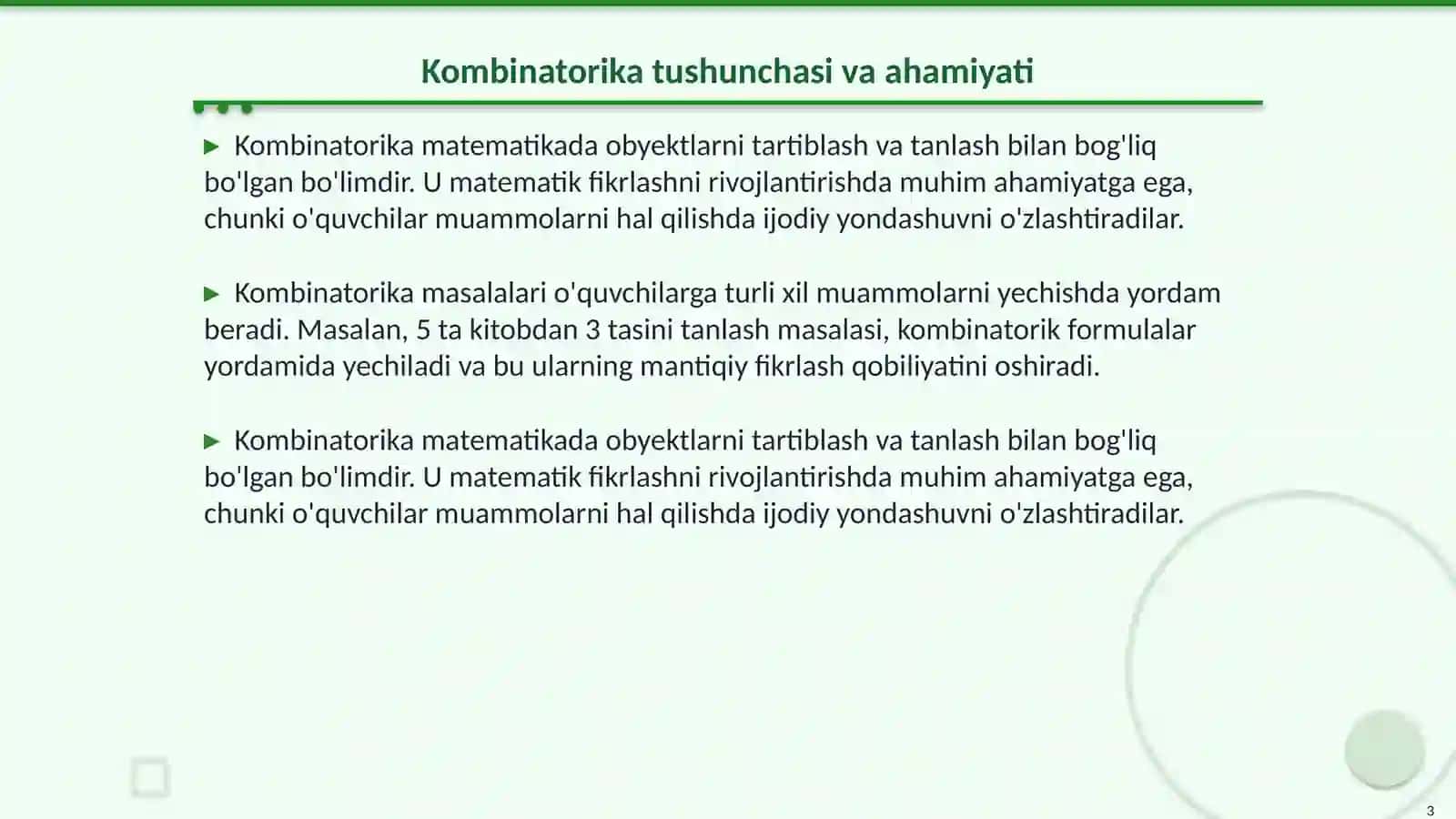 Boshlang'ich sinfda uchraydigan kombinatorika masalalarni tahlil qilish va masalalarni yechish usullarini o'rgatish 3