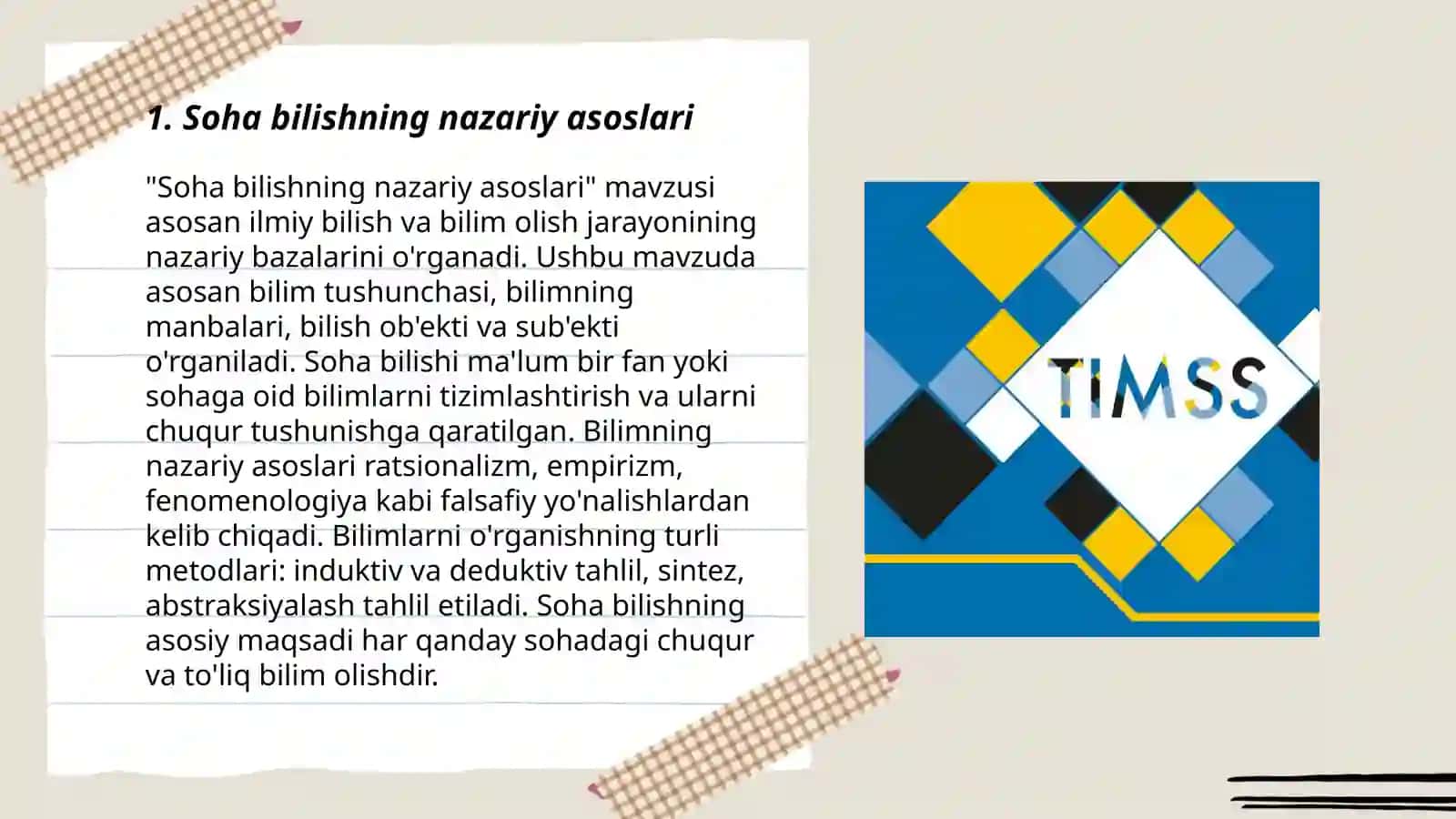 Kognitiv oʻlchov TIMSS topshiriqlaridagi soha bilish,qoʻllash,mulohaza yuritishga oid uslubiy ishlanma tayyorlash 3