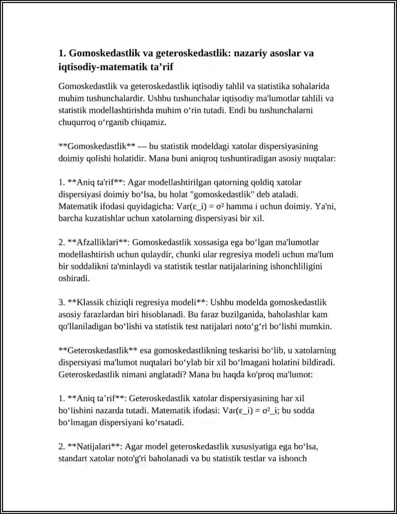 GOMOSKEDATLIK VA GETEROSKEDATLIK, ULARNI ANIQLASH VA BARTARAF ETISH USULLARI 3