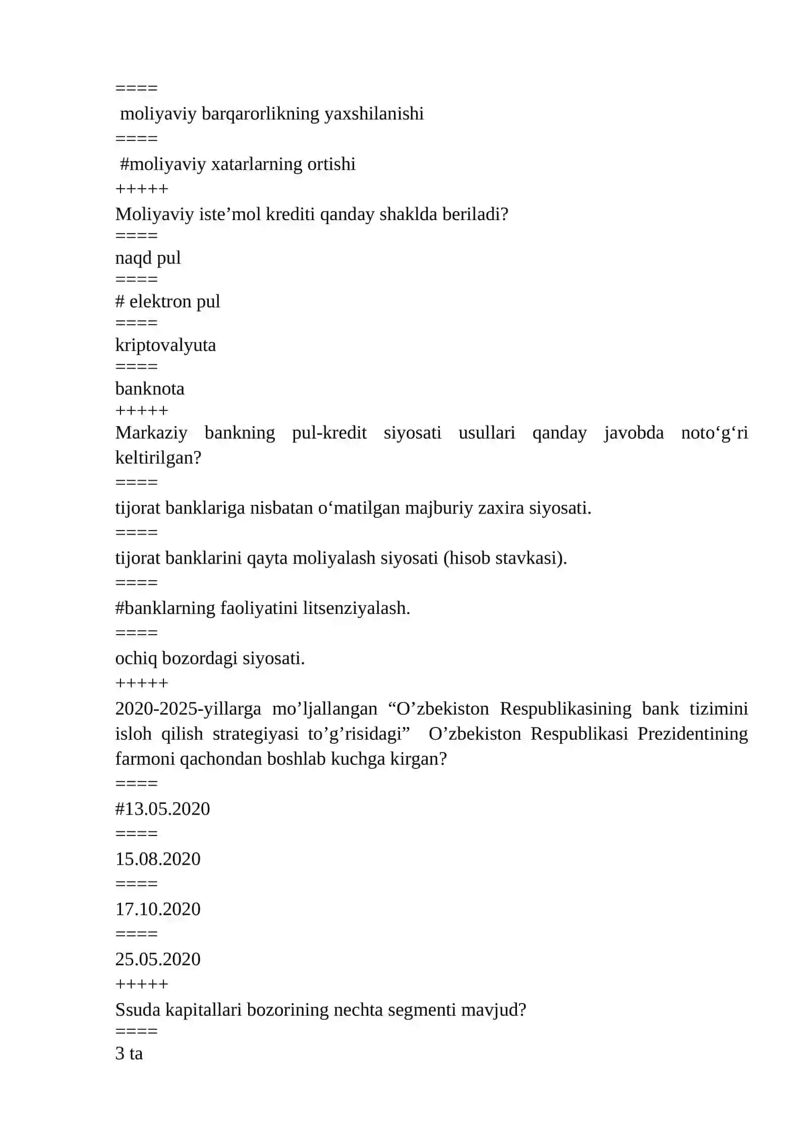 Bank ishi fanidan yakuniy nazorat imtihonlari uchun test javoblari 3