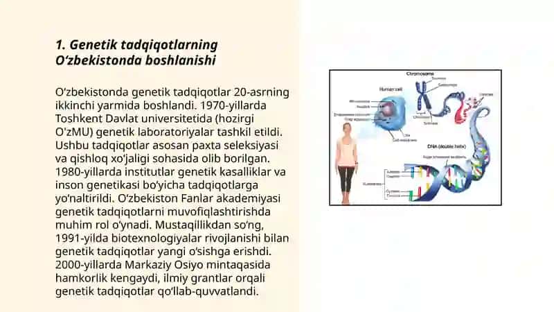 O‘zbekistonda genetik tadqiqotlarning yo‘lga qo‘yilishi va zamonaviy genetikaning rivojlanishi Allayorova Roza 3