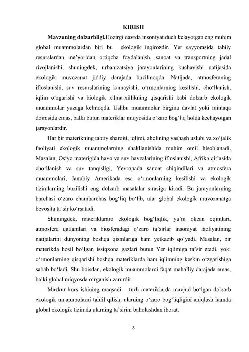 MATERIKLARDAGI DOLZARB EKOLOGIK MUAMMOLAR VA ULARNING BOG'LIQLIGI 3