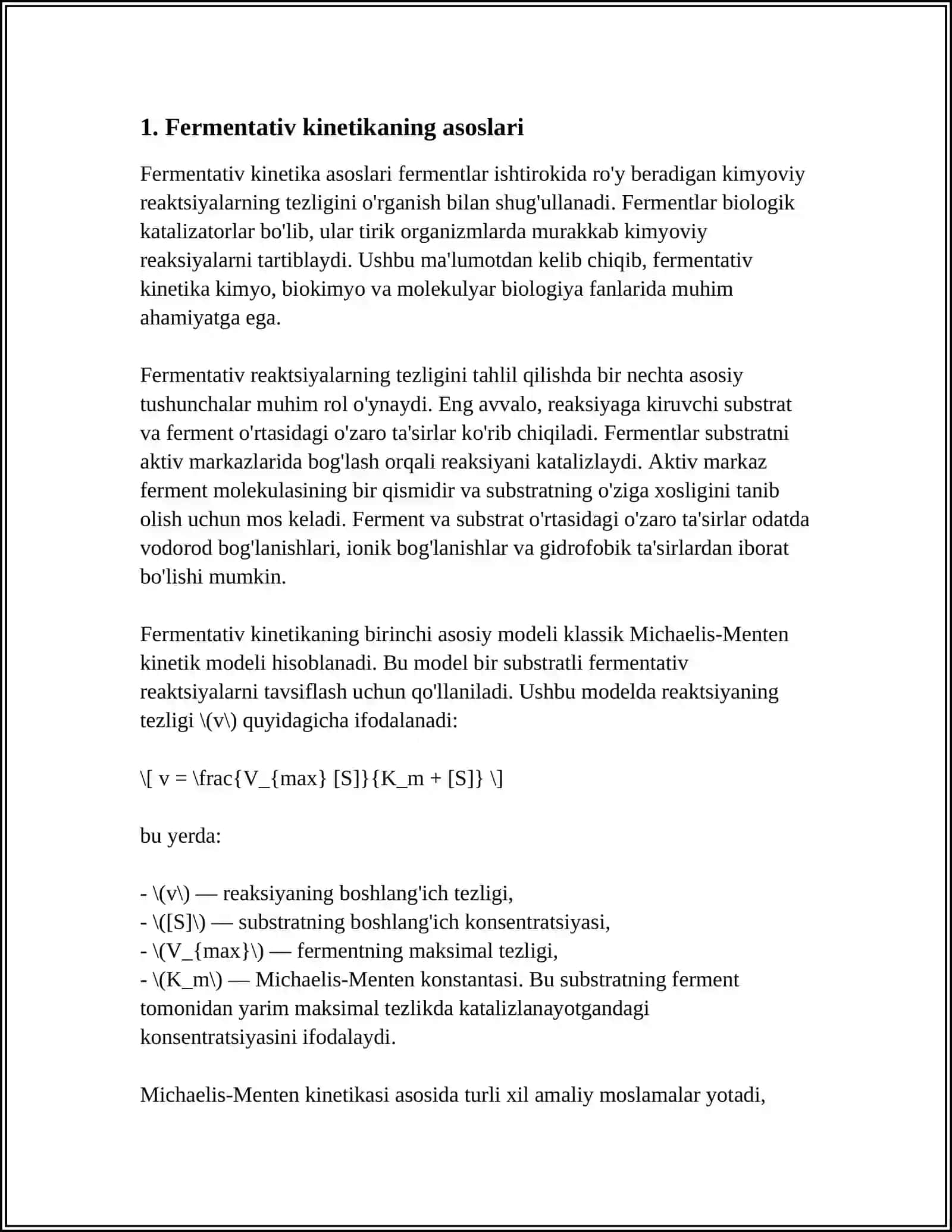 ODDIY FERMENTATEV JARAYONLAR KINETIKASI MIXAELIS TENGLAMASI VA UNING MODIFIKATSIYALANGAN SHAKLLARI 3