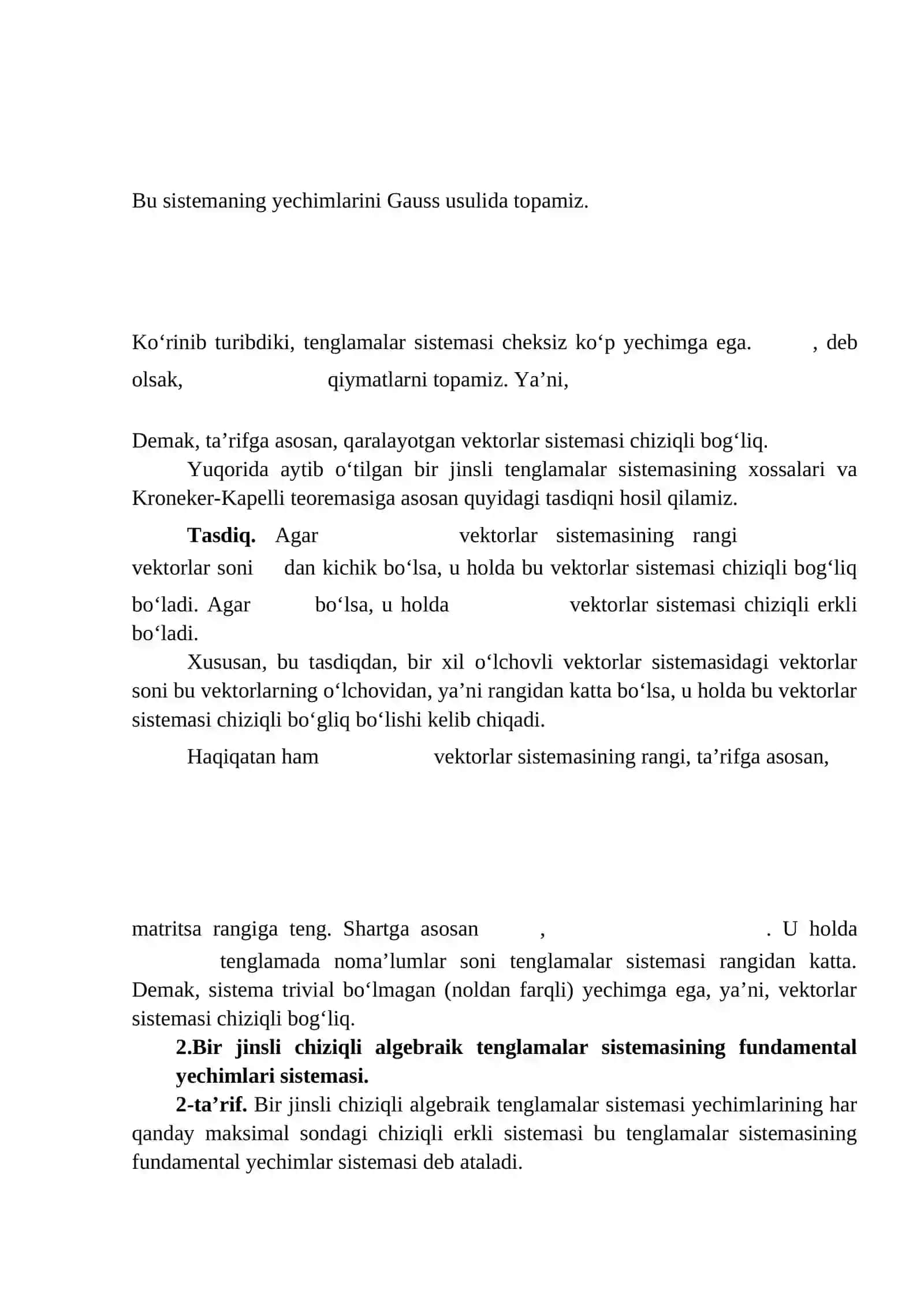 Bir jinsli chiziqli algebraik tenglamalar sistemasining yechimlari 3
