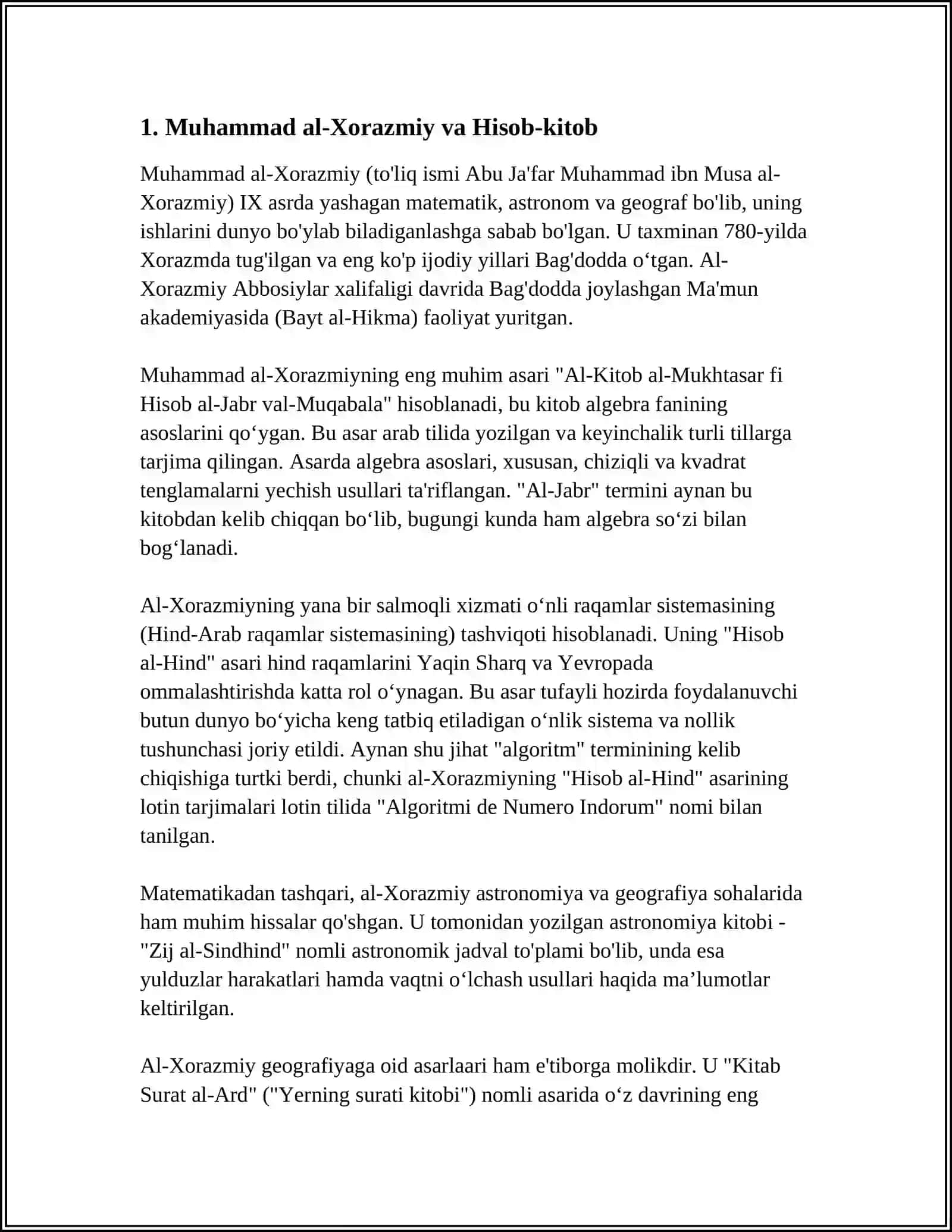 MUSTAQIL ISH Mavzu: ÒRTA ASR SHARQ ALLOMALARINING MATEMATIKAGA QÒSHGAN HISSALARI 3