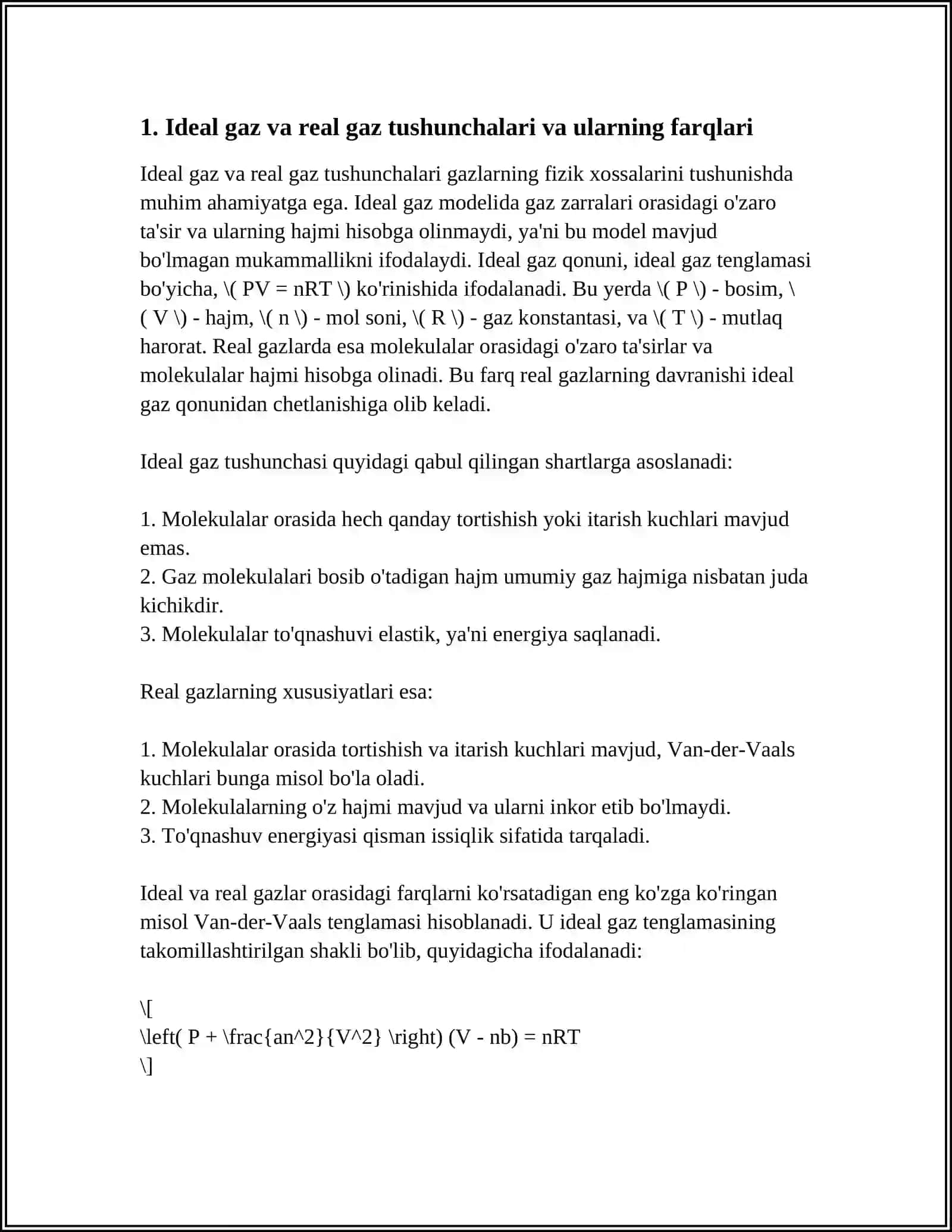 REAL GAZLAR.VAN-DER-VAALS TENGLAMASI. FAZAVIY OʻTISH. FAZALAR VA FAZAVIY OʻTISHLAR 3