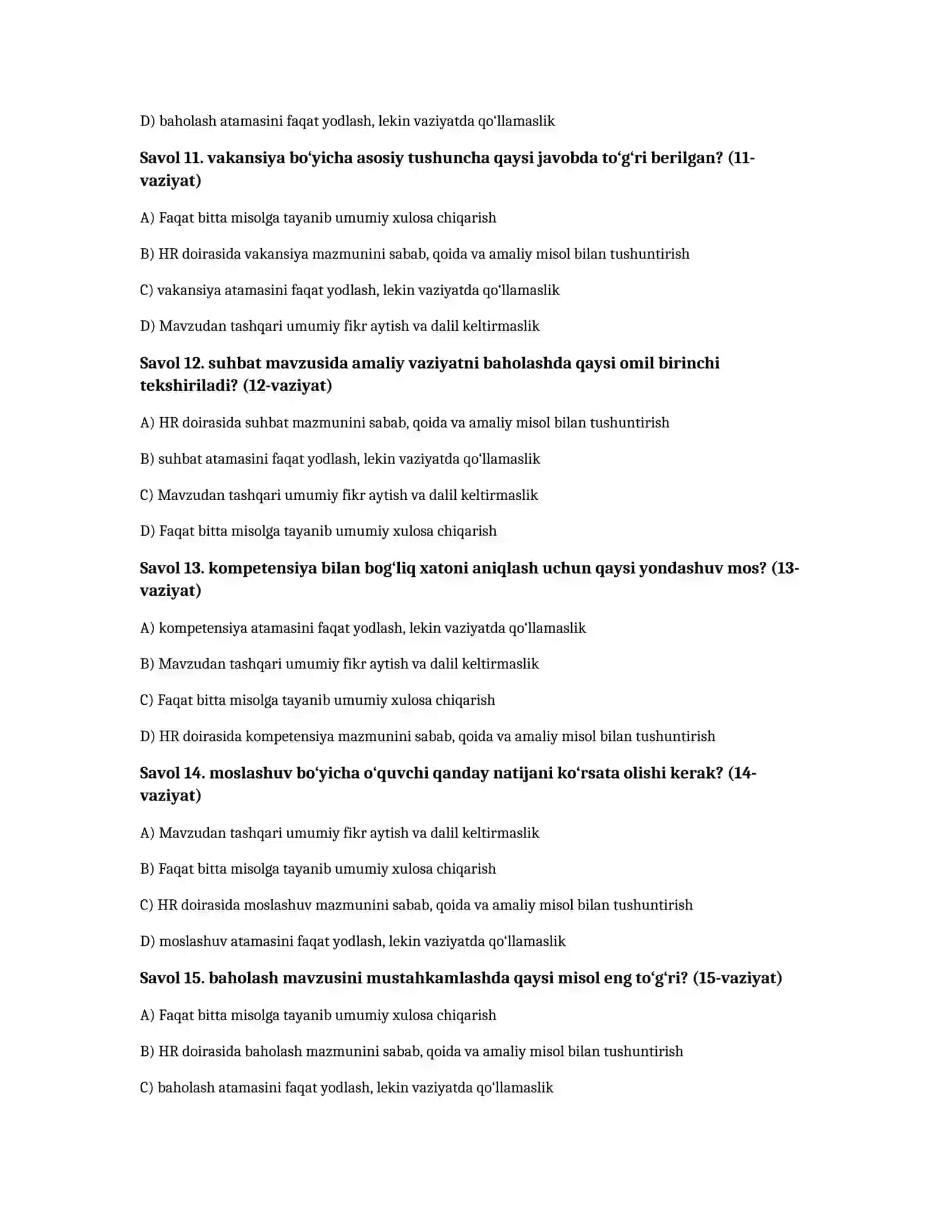 HR intervyu va kadrlar boshqaruvi — 100 test 3