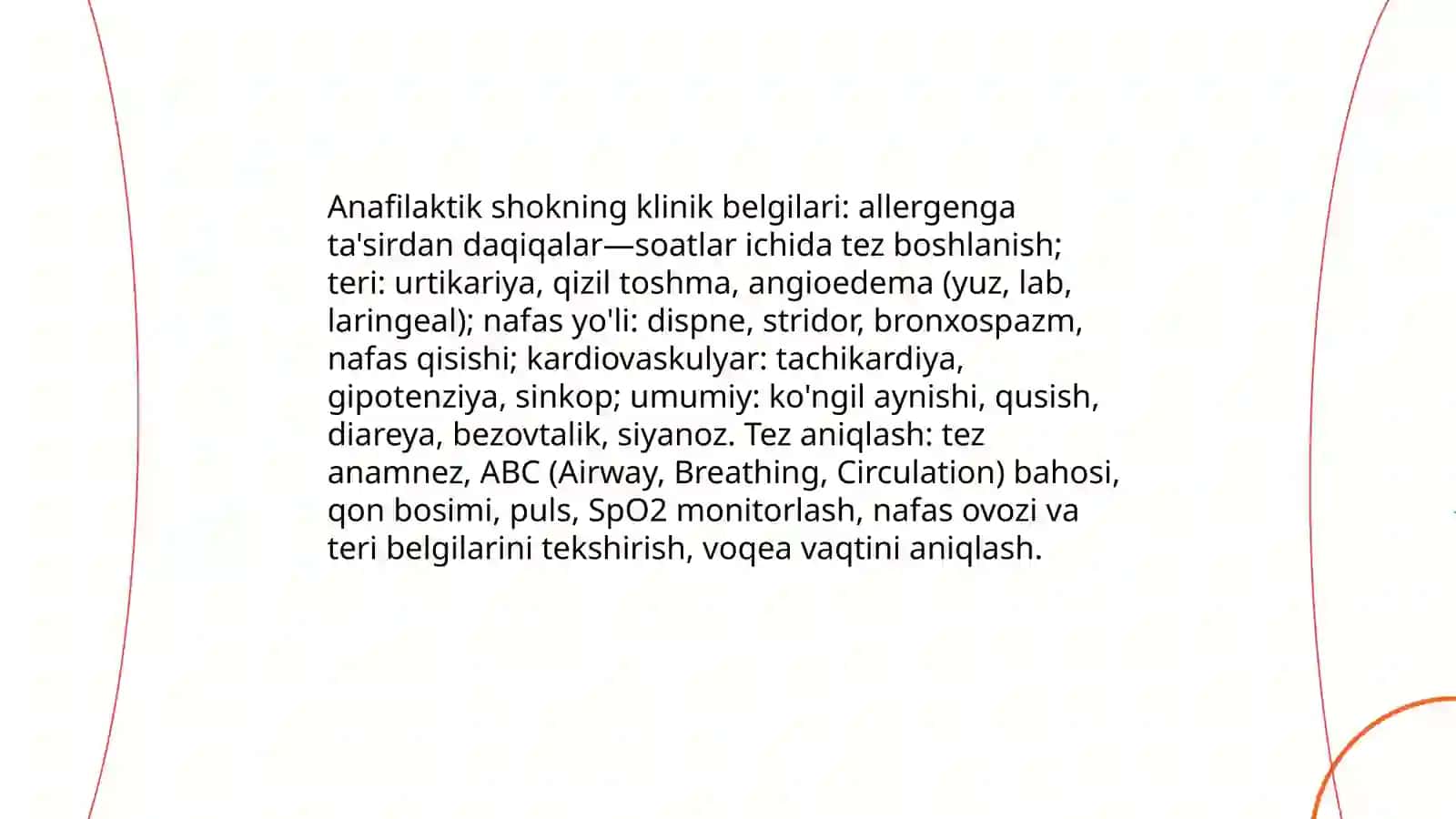Bemorda anafilaktik shok klinik belgilari. O'pka yurak reanimatsiyasi. Shok turlari, Mahalliy og'riqsizlantirishda ishlatiladigan dori vositalar turlari Mahalliy og’riqsizlantirishdan kelib chiquvchi asoratlar turlari 3
