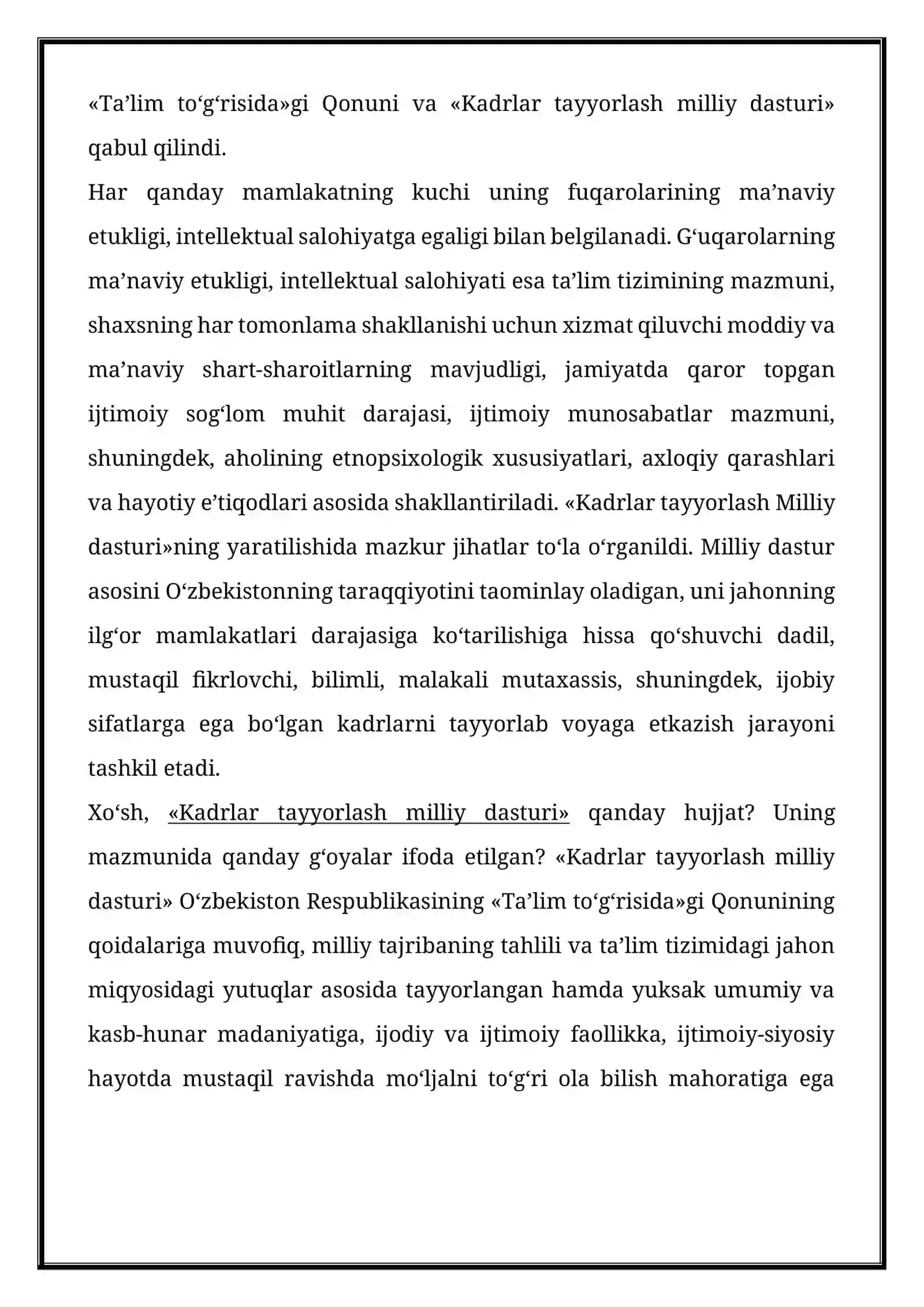 Kadrlar tayyorlash milliy modeli. “Kadrlar tayyorlash milliy modeli”ning asosiy tarkibiy qismlari. 3