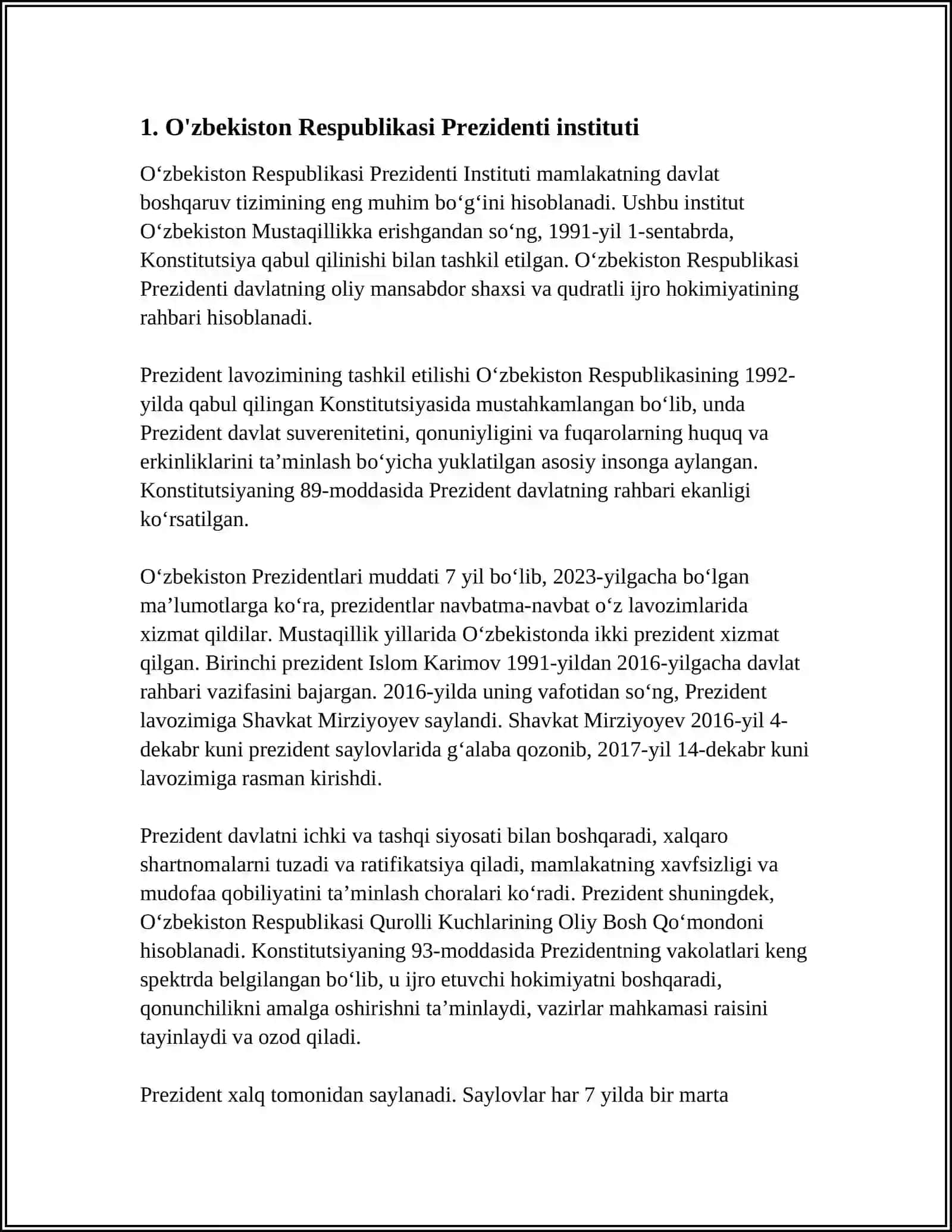 MUSTAQIL ISH Mavzu: O'ZBEKISTON RESPUBLIKASI DAVLAT HOKIMYAT ORGINLARI 3