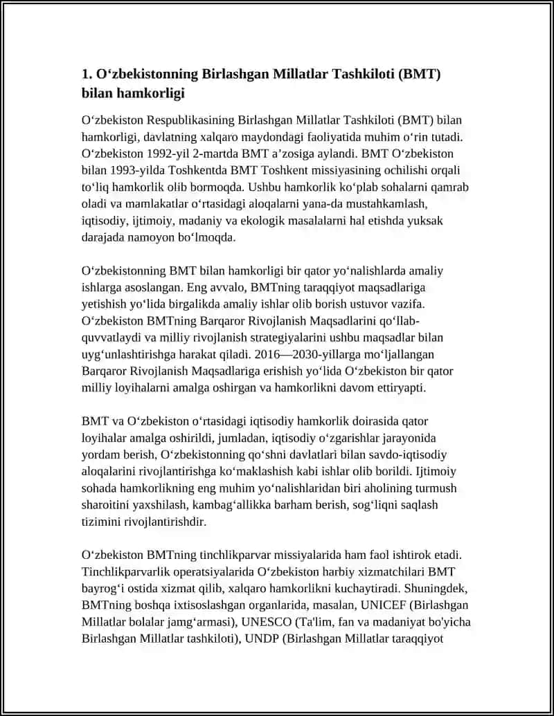 OʻZBEKISTONNING XALQARO TASHKILOTLAR BILAN HAMKORLIK ALOQALARI 3