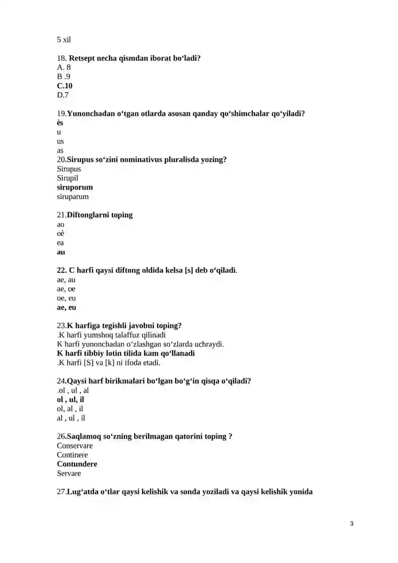 Lotin tili test, Davolash, Pediatriya, Stomatologiya, Farmatsiya, Oliy hamshiralik yo'nalishi uchun 3
