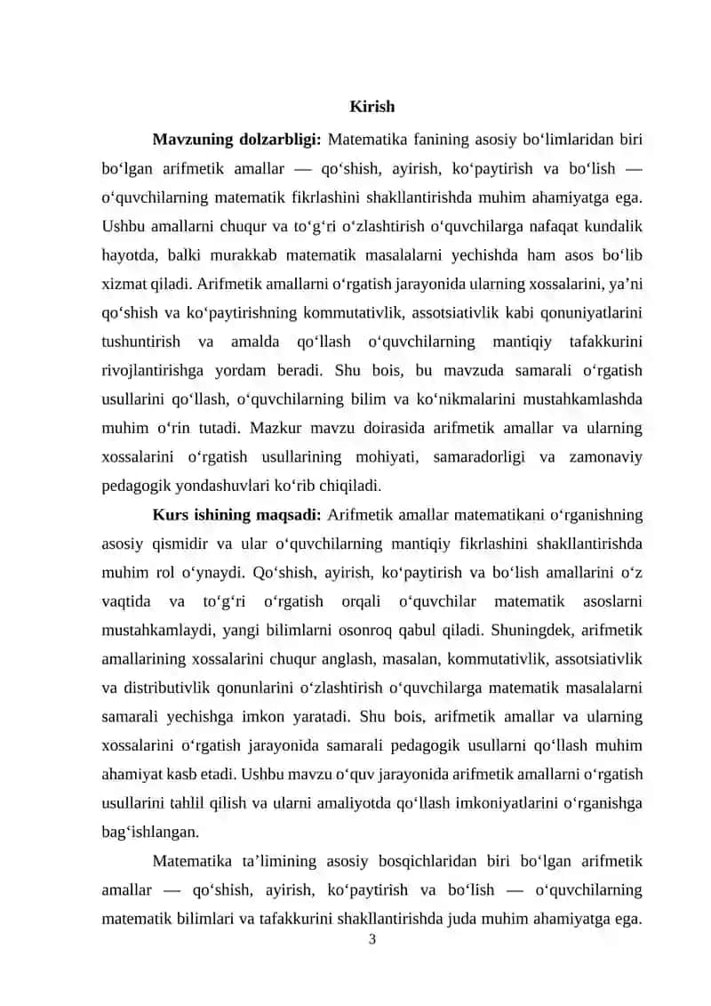 Arifmetik amallar va ularning xossalarini o’rgatish usullari 3