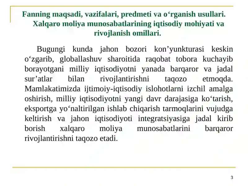 Fanning predmeti va oʻrganishusullari, xalqaro moliyaning nazariy asoslari 3