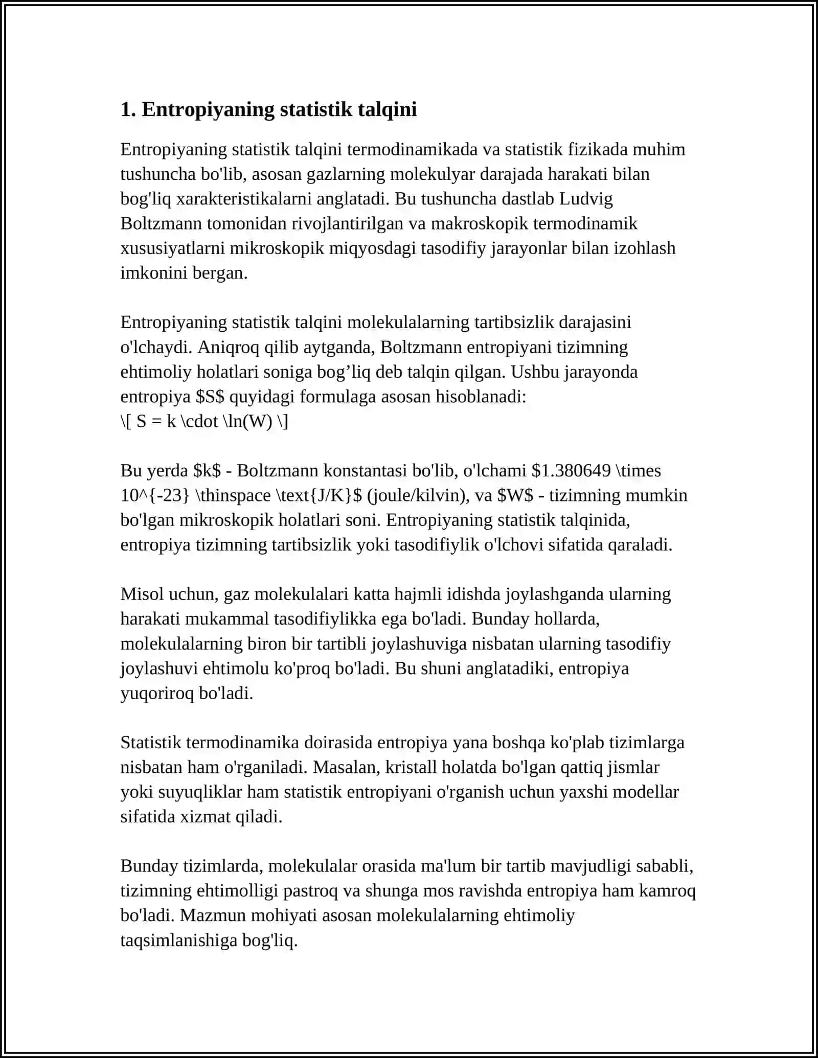 ENTROPIYANING STATISTIK MANOSI. ENTROPIYANING OSISH PRINSIPI 3