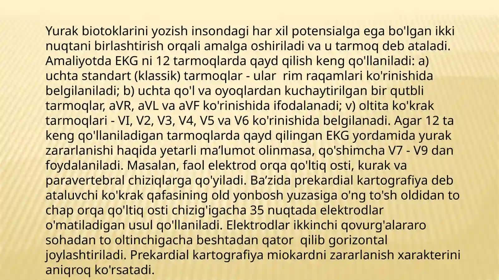 NORMAL EKG.EKGdagi tarmoqlar.Tishchalar segmentlar intervallar.Elektrokardiogramma.EKGni yozib olishtartibi 3