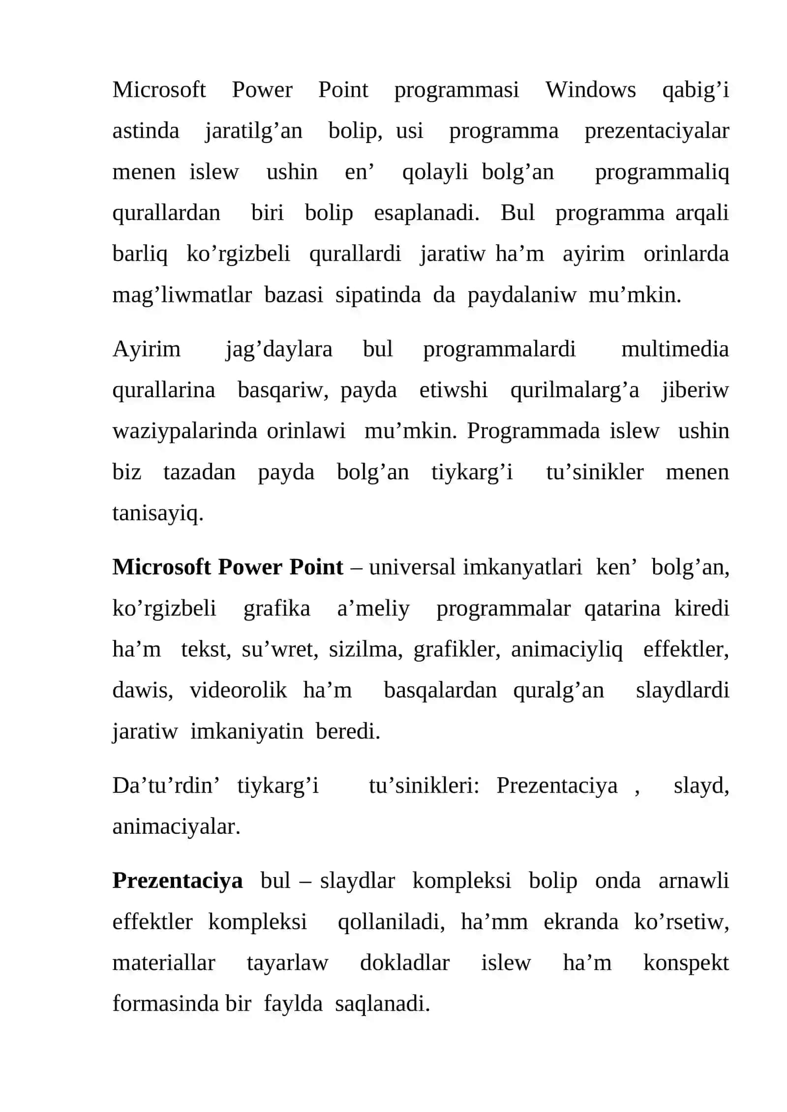 Power Point da’stu’ri. Menyui.U’skeneler paneli. Slayd: slayd jasaw, slayd qa’lipin o’zgertiw slayd qa’lpine jan’a obyektler qosiw, slayd parametrleri slayd ko’lemi ha’m ko’rinisi 3