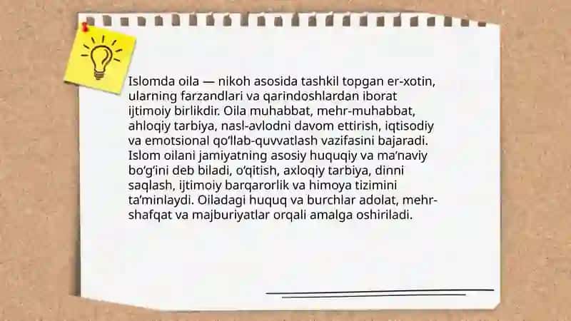 Islom huquqshunosligida oila, nikoh, taloq, idda, zihor tushunchalarini ta'riflash va taqdimot tayyorlash 3