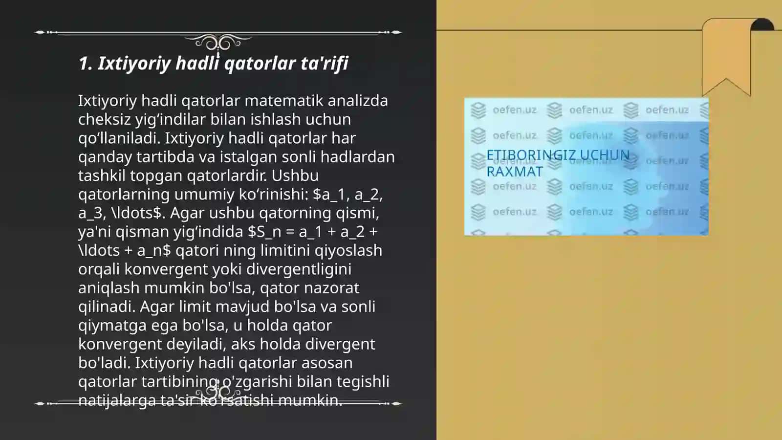 Ixtiyoriy hadli qatorlar va ular yaqinlashishining Leybnist, Dirixle va Abel alomati 3