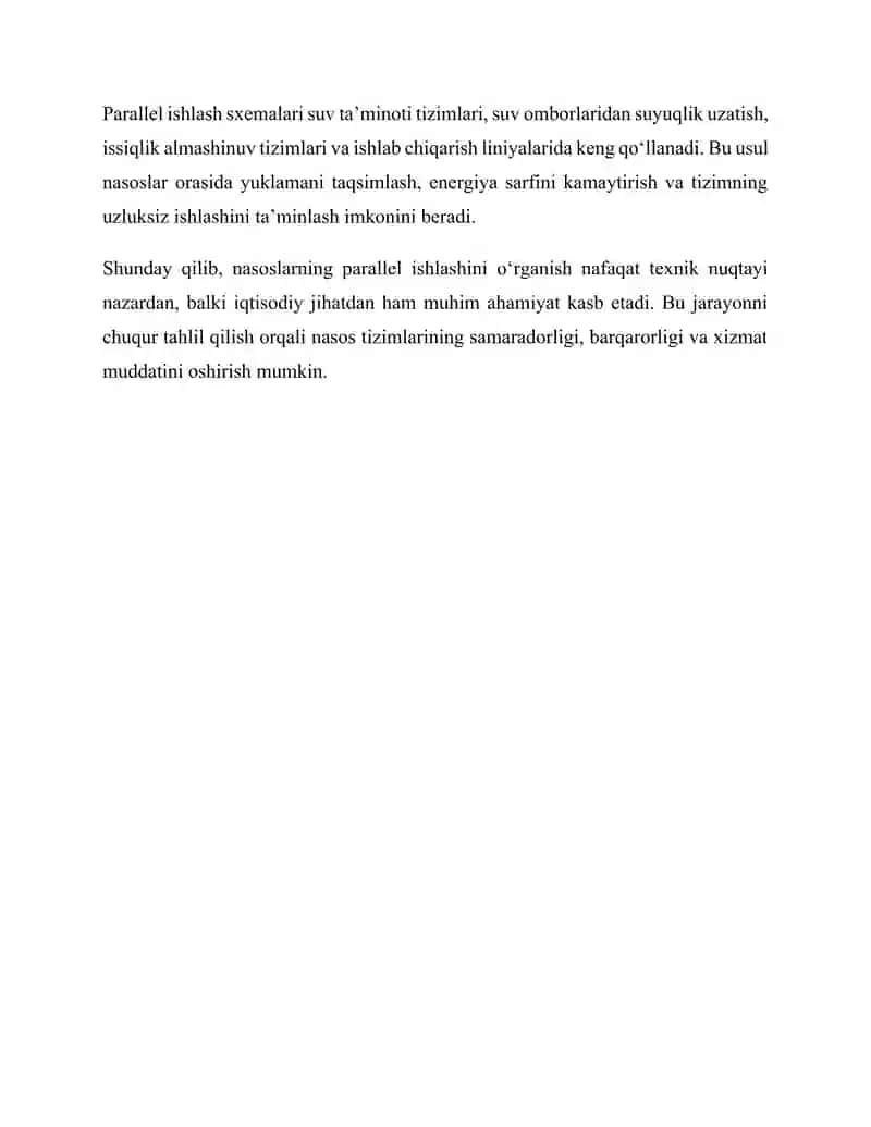 Nasoslarning birgalikda ishlashi. Nasoslarning parallel ishlashi (Markazdan qochma nasosning ishlash tarzi. Nasosning qismlari. Parallel ulanishga asosiy shartlari. Sxemalari, grafiklari). 3