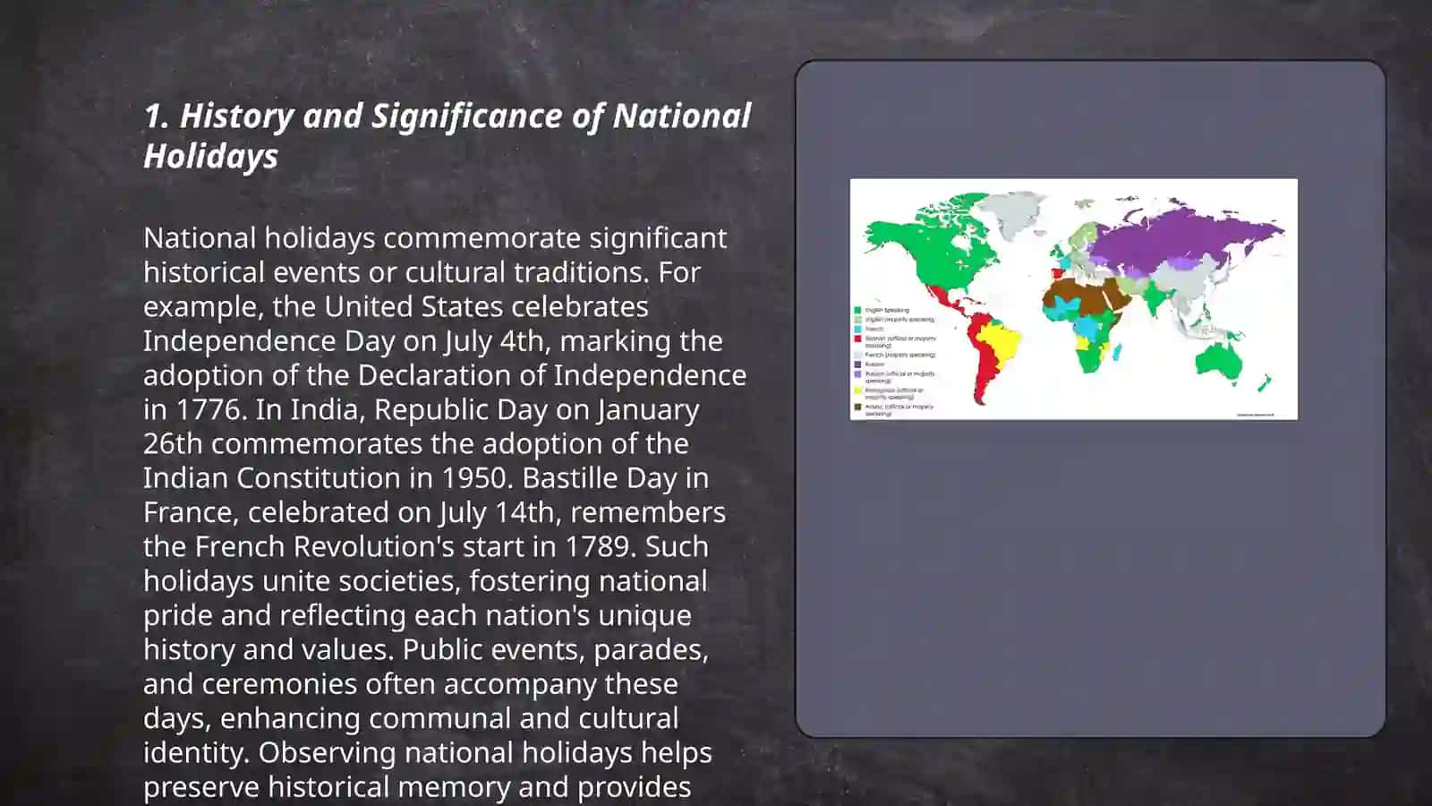 National holidays of the countries where the language is being studied 3