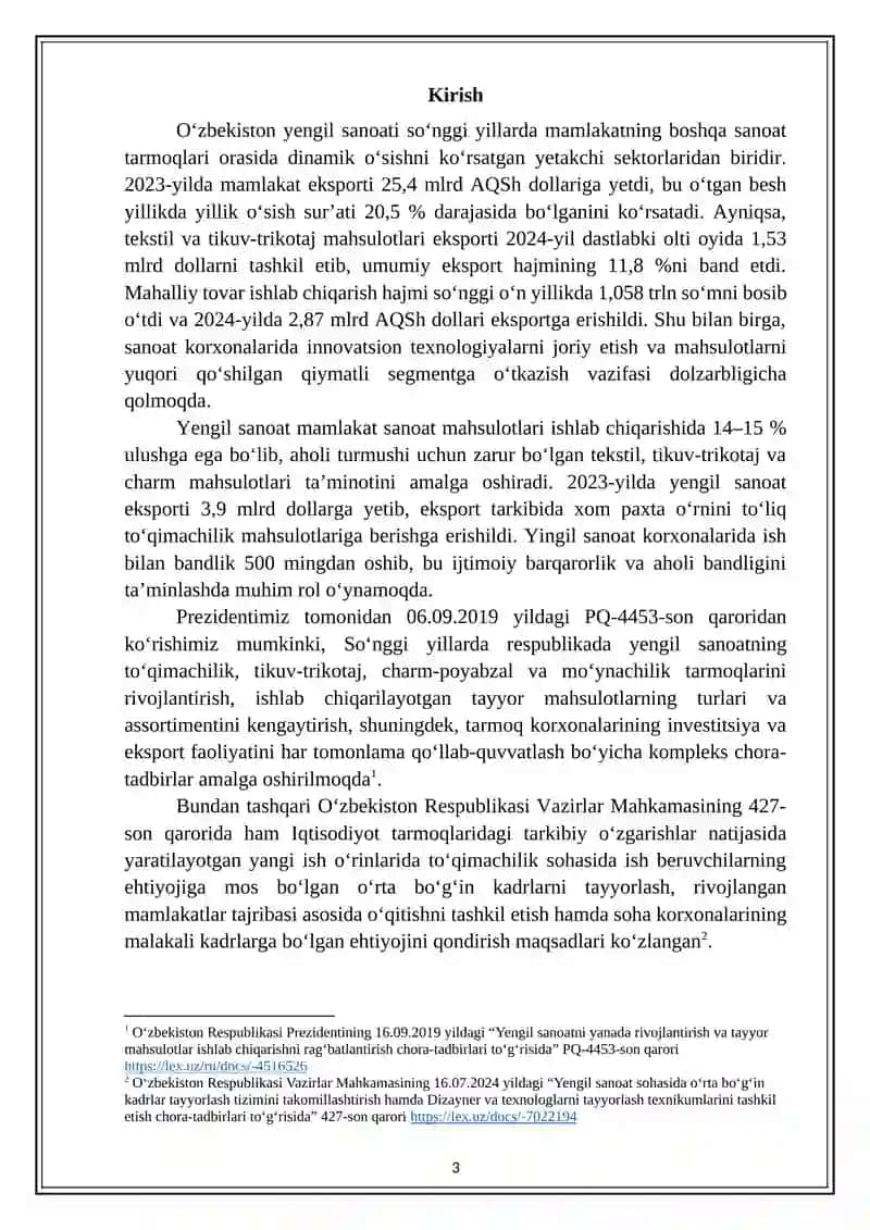 “O‘zbekiston Respublikasida yengil sanoatni rivojlantirish yo‘nalishlari” mavzusida ilmiy ish 3