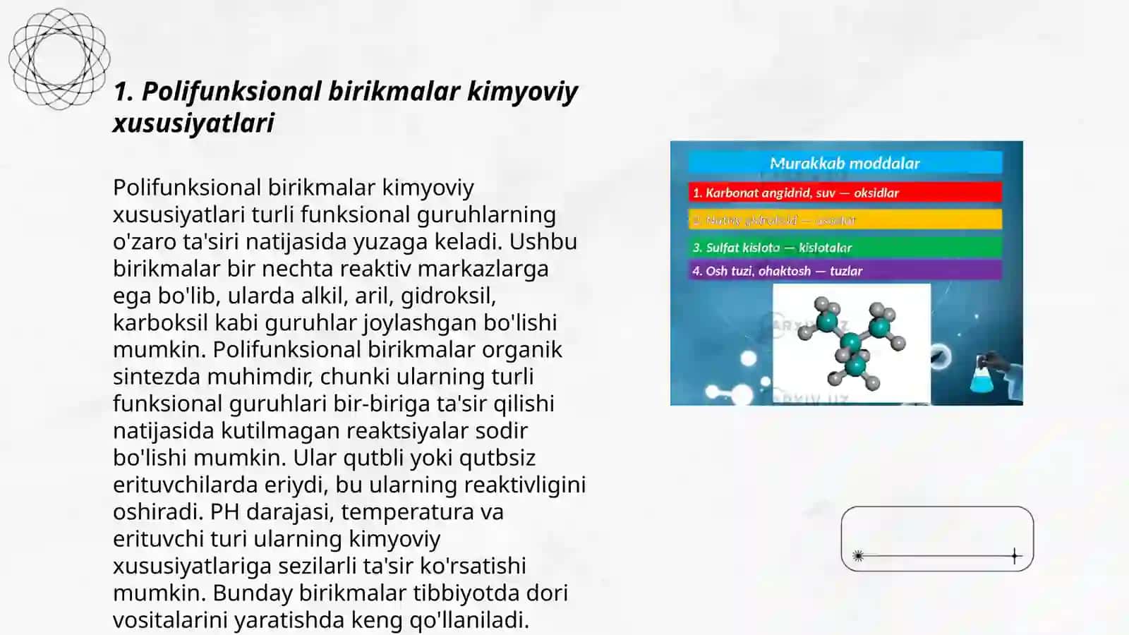 Polifunksional va geterofunksional birikmalar metabolitlar va dorivor moddalar sifatida 3