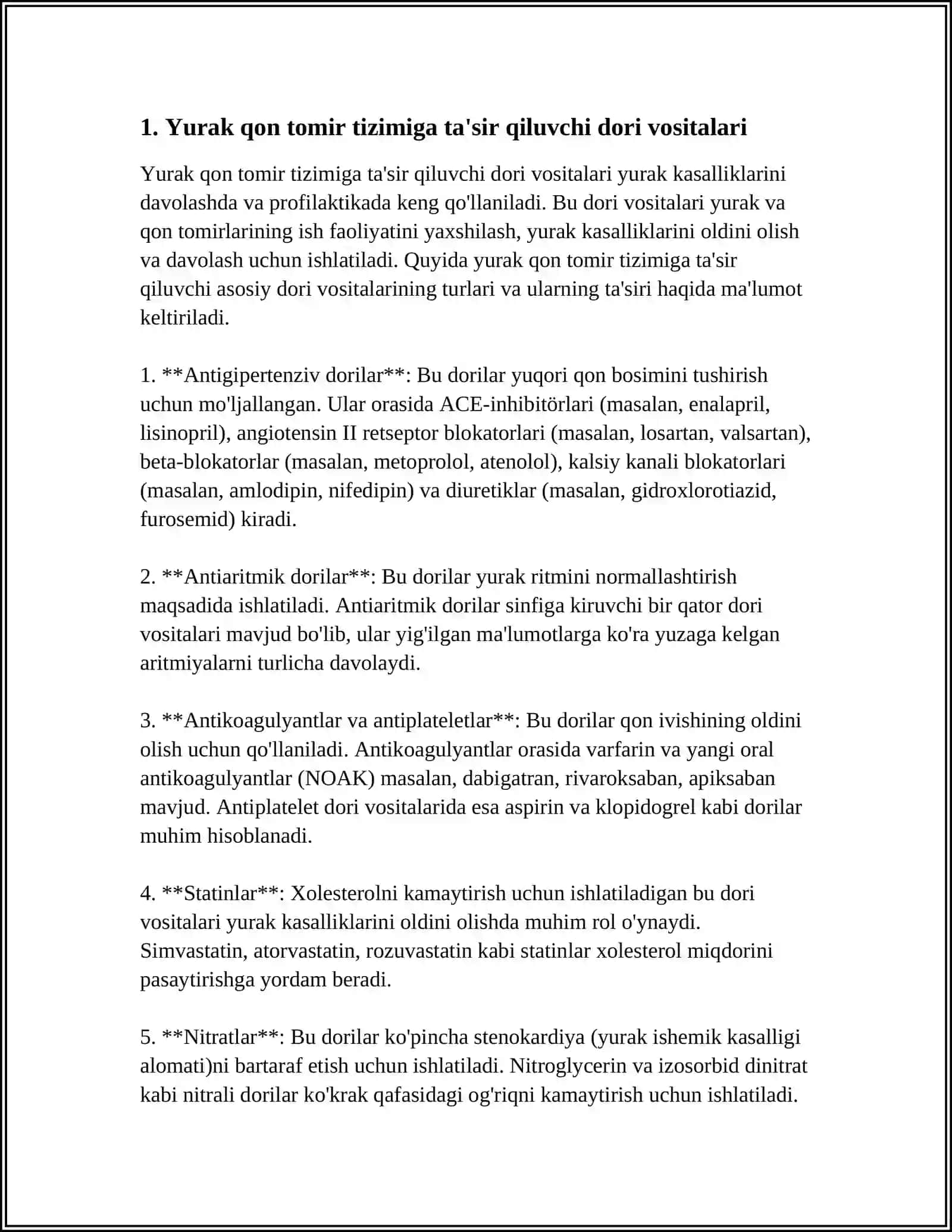 YURAK QON TOMIR TIZIMIGA TA'SIR QILADIGAN VOSITALAR. DIURETIK VOSITALAR 3