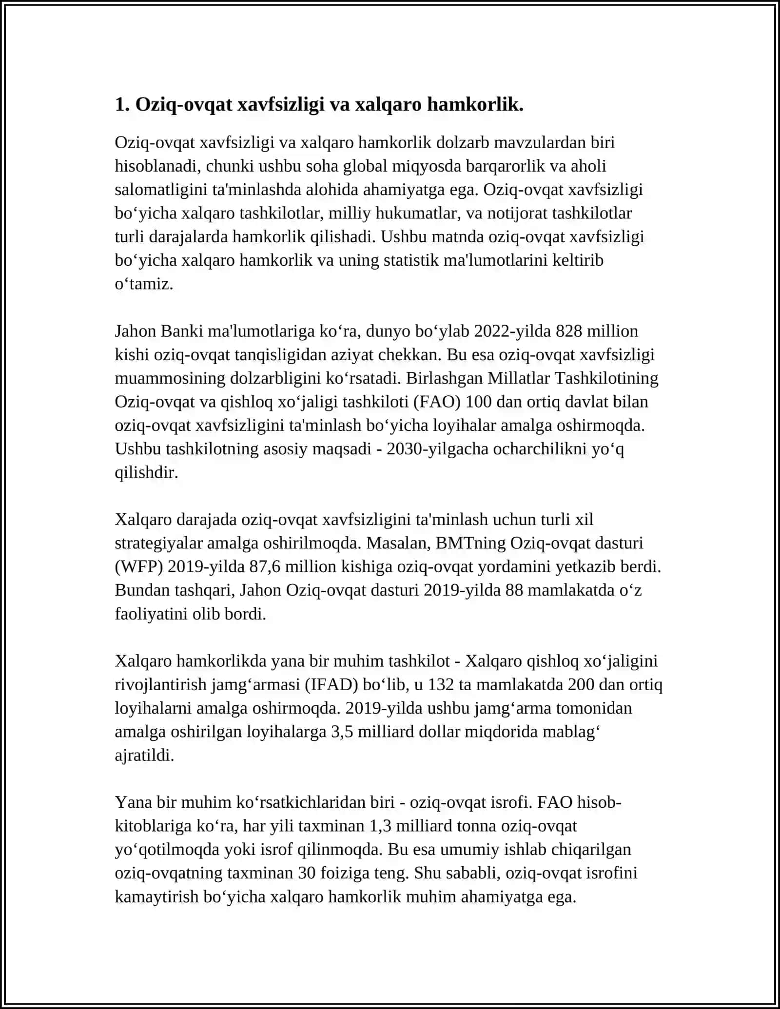 XALQARO ILMIY-TEXNIKAVIY HAMKORLIK. JAHON IQTISODIYOTIDA OZIQ-OVQAT MUAMMOSI 3