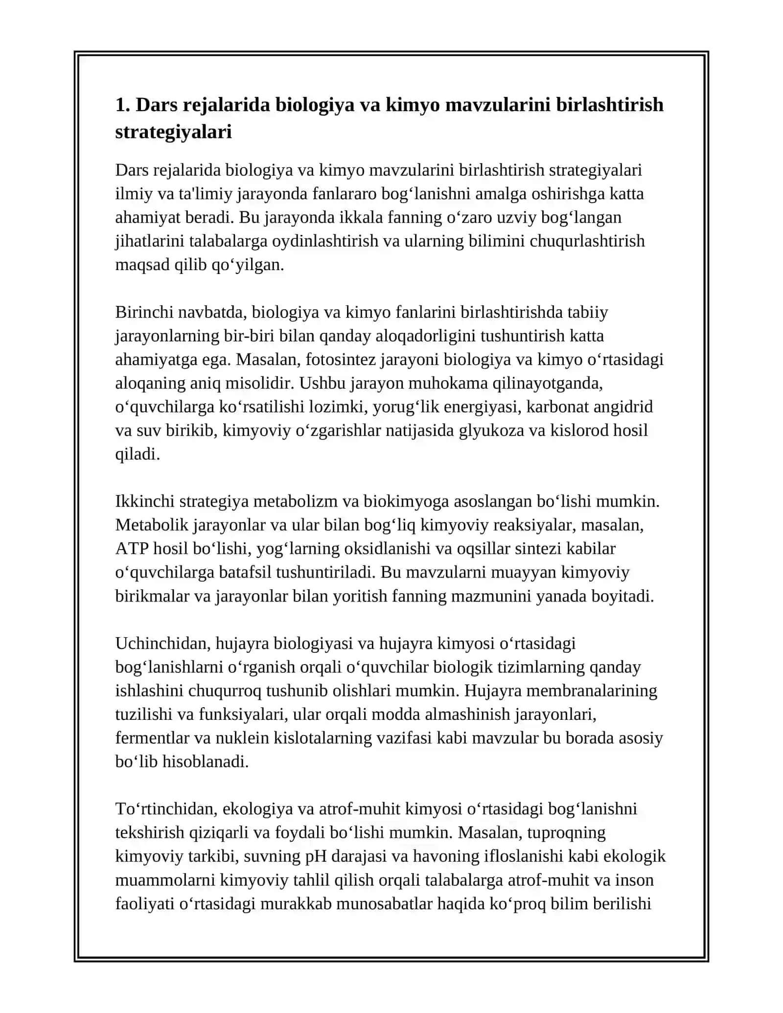 BIOLOGIYANI OʻQITISHDA KIMYO FANI BILAN FANLARARO BOGʻLANISHNI AMALGA OSHIRISH YOʻLLARI 3