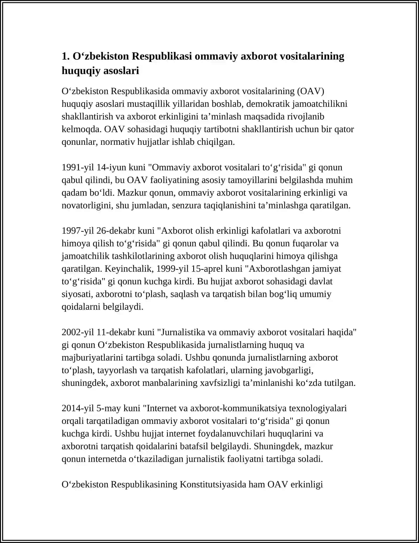 Oʻzbekiston Respublikasida Ommaviy Axborot Vositalarining Faoliyati 3