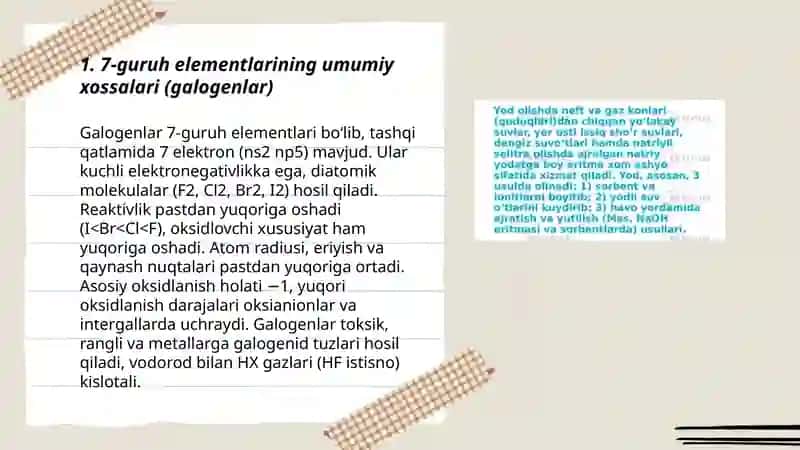 7-guruh elementlari (galogenlar). Brom va yod birikmalari. Bionoorganik kimyo 3
