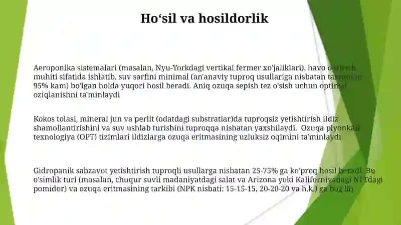 Sabzavotlarni ozuqali eritmalar bilan turli substratlarda va substratsiz yetishtirish xususiyatlari 3