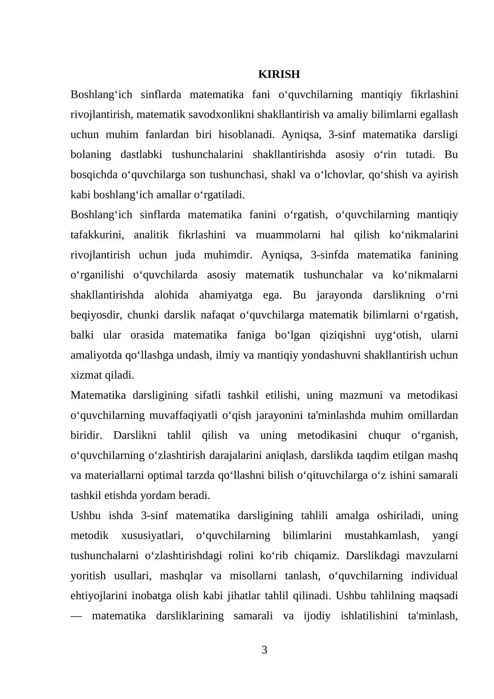 Boshlang‘ich sinflarda matematika darsligi ustida ijodiy ishlash, darslik tahlilini amalga oshirish metodikasi (3-sinf misolida) 3