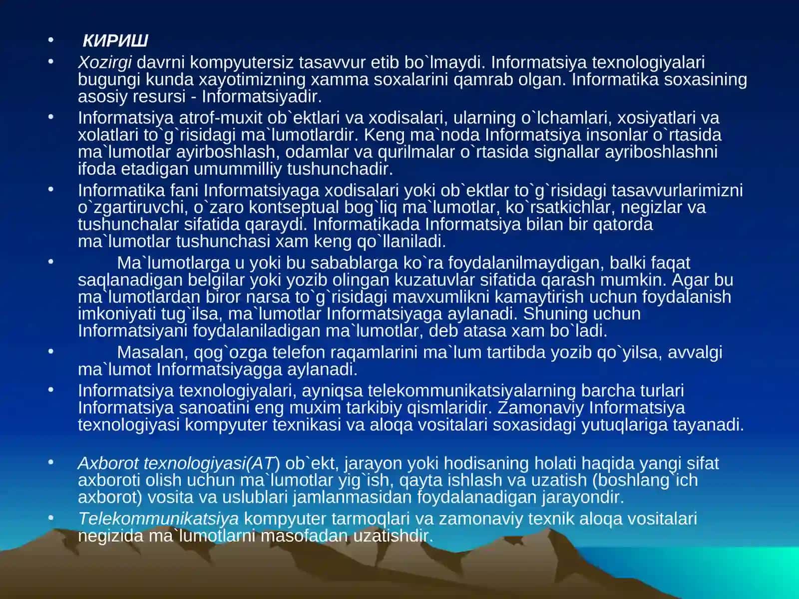 Fayzullaev Islombekning “Informatika va axborot texnologiyalari” fanidan TAQDIMOT 3