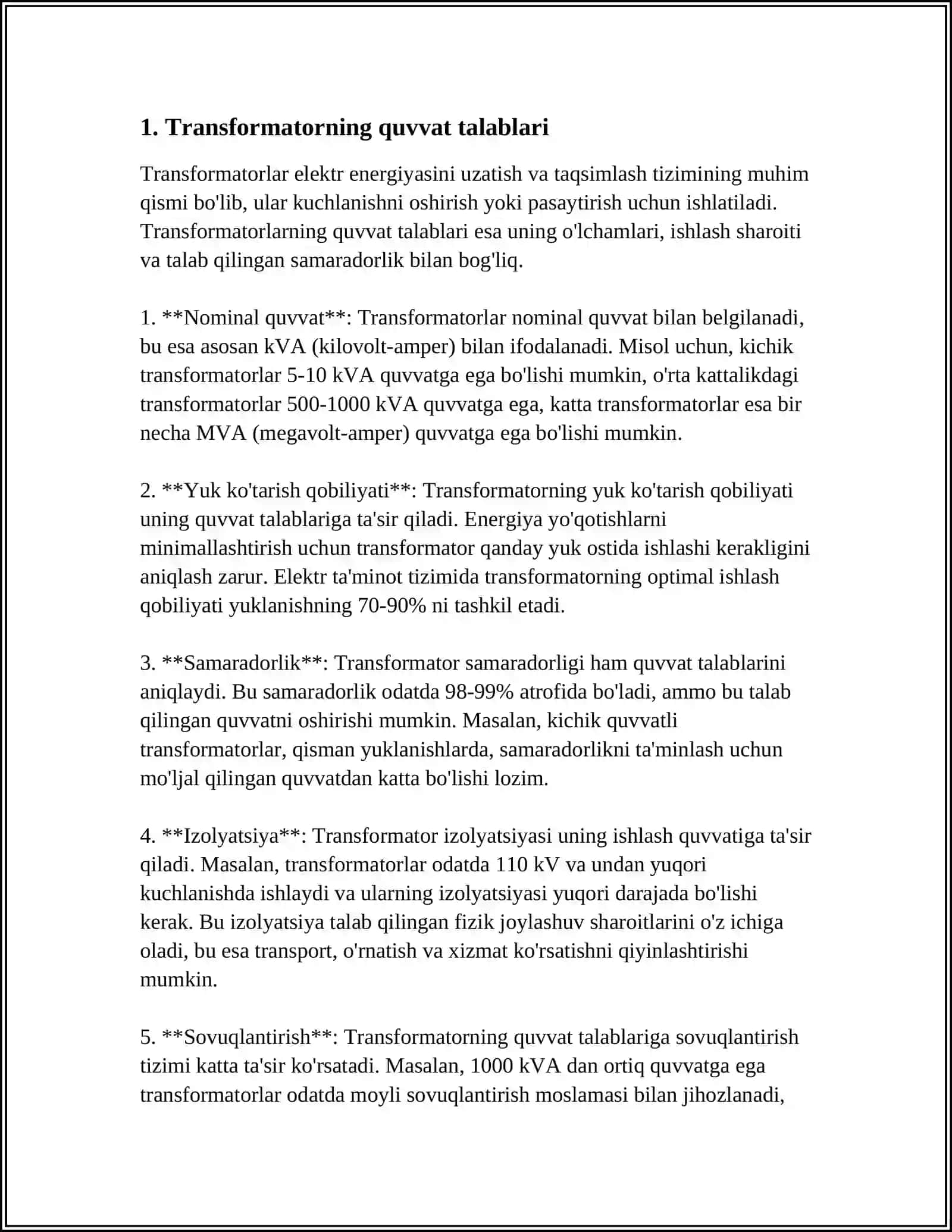 TRANSFORMATOR QUVVATINI TANLASH 3
