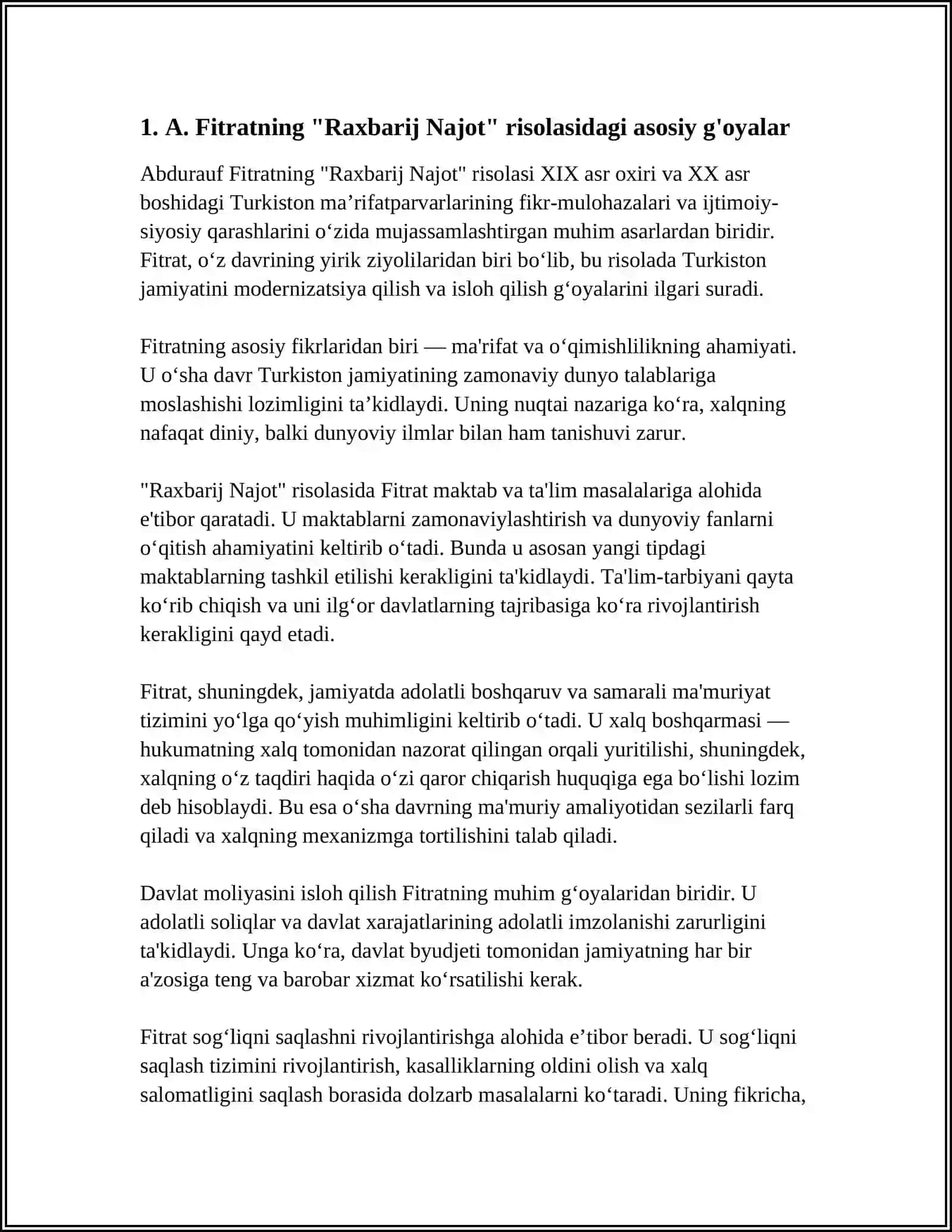 A. FITRATNING 'RAXBARIY NAJOT' RISOLASIDA GINI 'BAXTSIZ ODAMLARNING IKKI TOIFASI' GA OID QARASHLARI BUYICHA ESSE TAYYORLASH VIDEOROLIK TANLOVINI O'TKAZISH 3