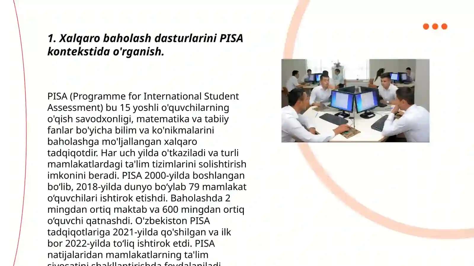 Xalqaro baholash dasturlari: PISA, PIRLS, TIMSS, ICILS, TALIS va Prezident maktablarida, ijodiy 3