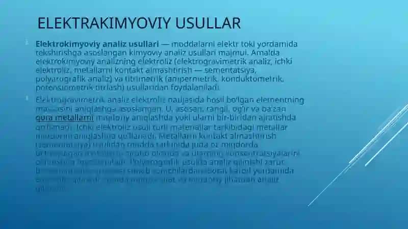 Elektrokimyoviy davolash va diagnostika usullari. Xromatagrafiyaning tibbiy izlanishlardagi imkoniyatlari 3