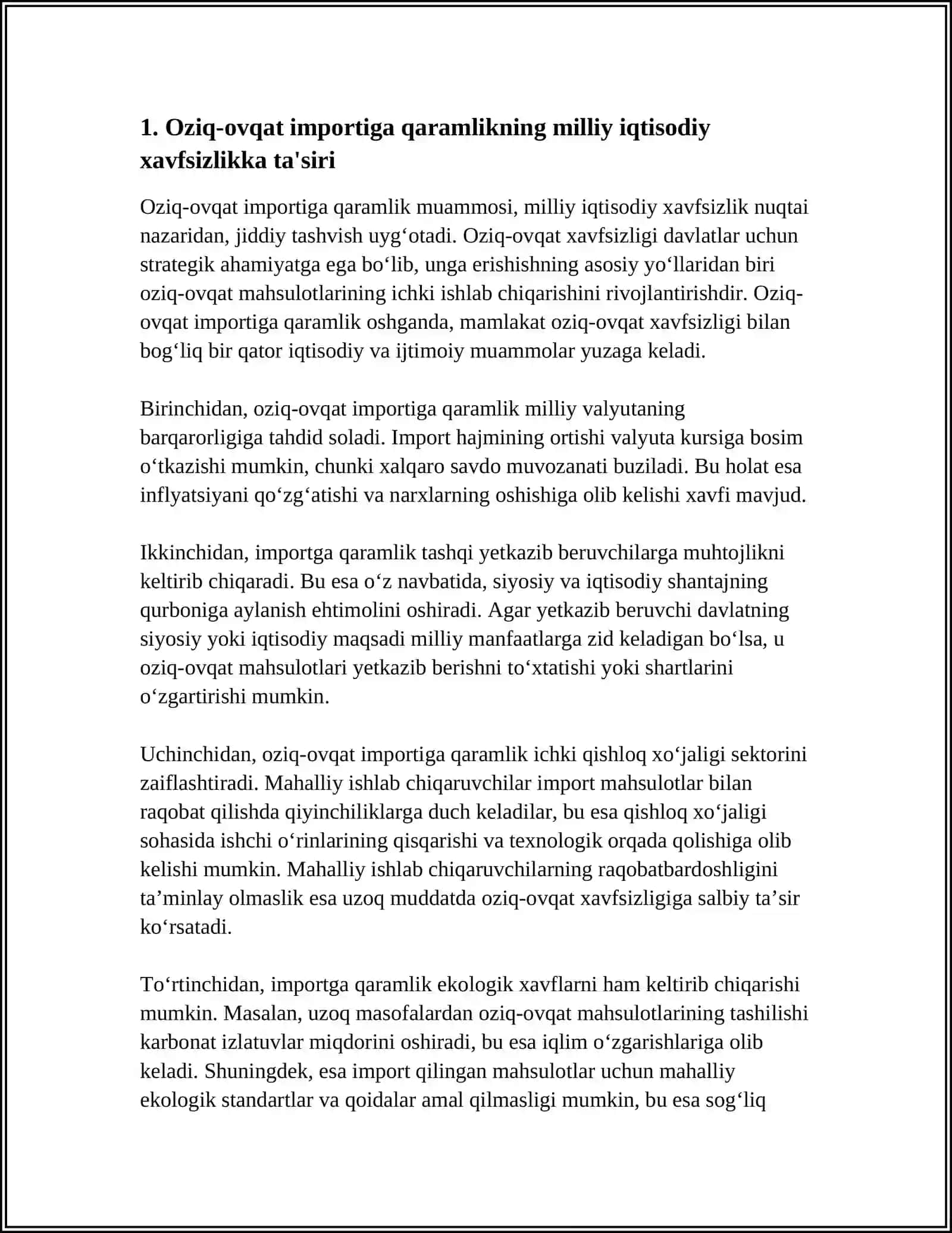 Oziq-ovqat importiga qaramlikning milliy iqtisodiy xavfsizlikka ta'siri 3