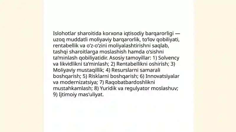 Islohotlarni davom ettirish va chuqurlashtirish sharoitida korxonaning iqtisodiy barqarorligini ta'minlash asoslari 3