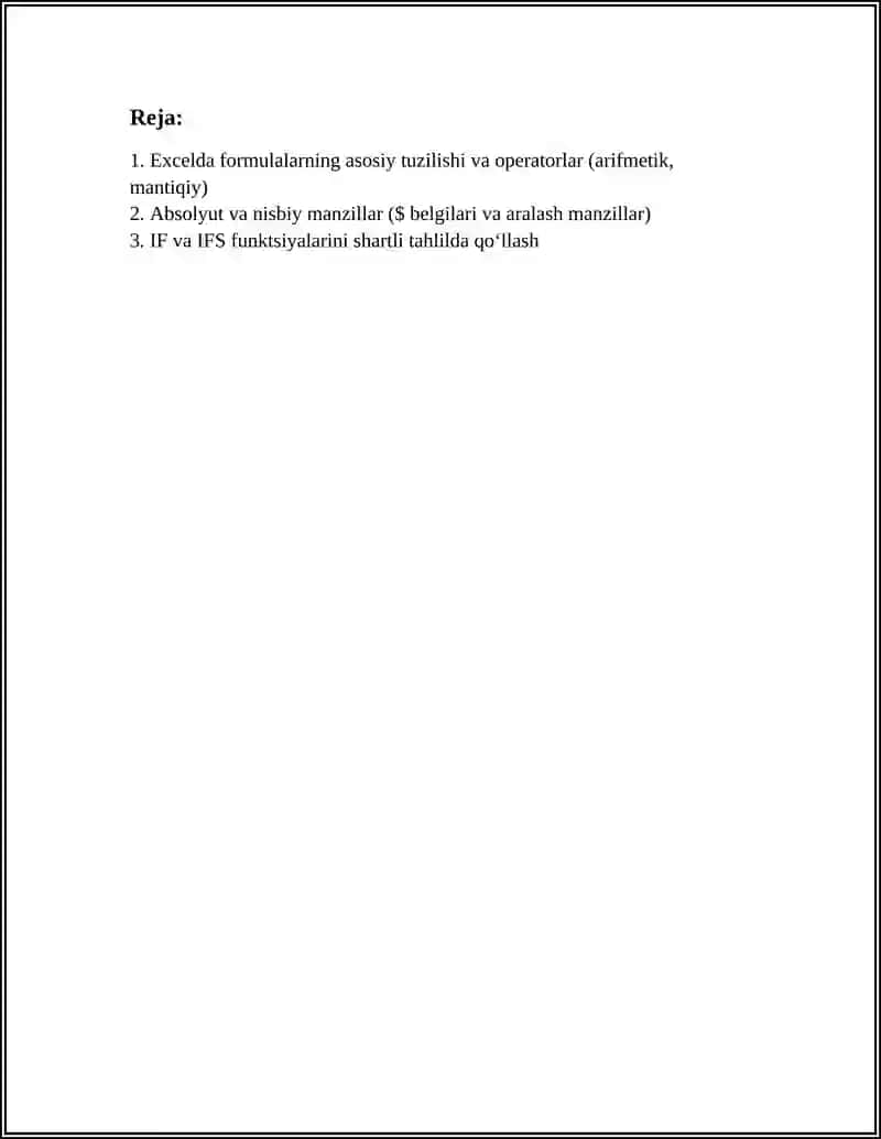 MICROSOFT EXCEL JADVAL MUHARRIRIDA FORMULALAR STANDART FUNKTSIYALAR VA ULARDAN FOYDALANISH 3